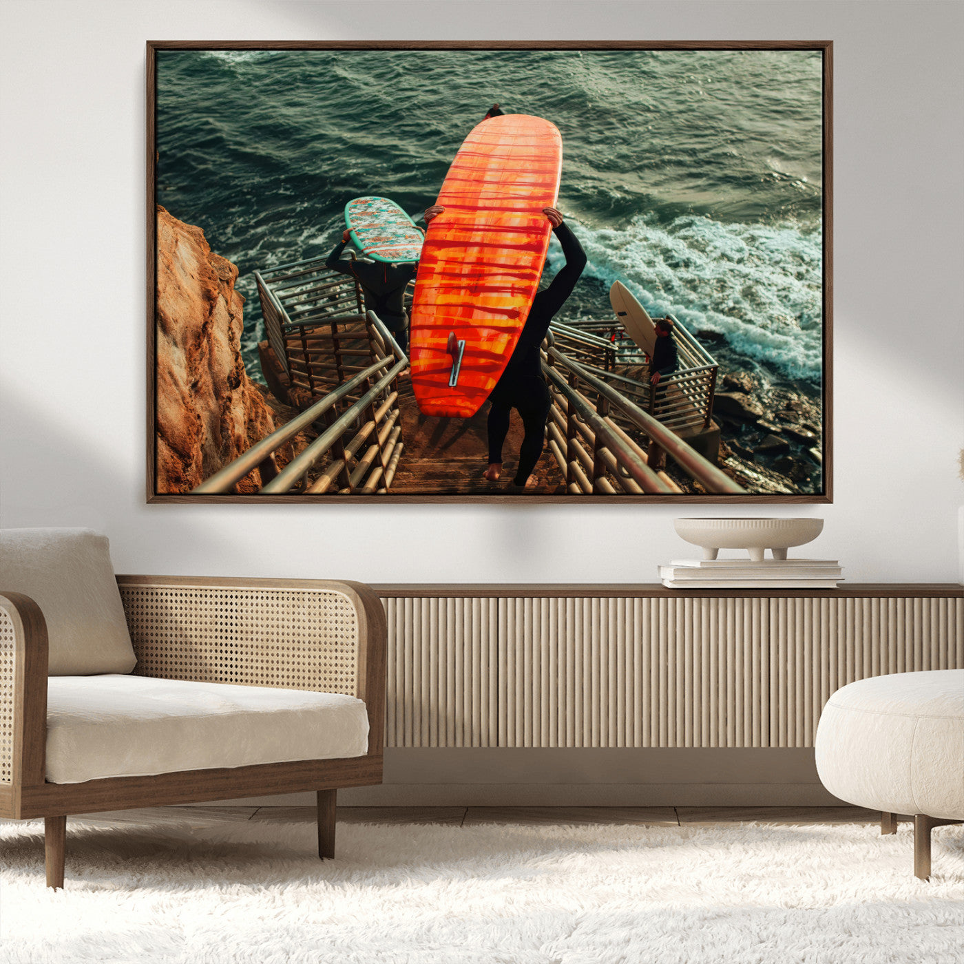 MGV-FC-36X24 - Surfer Stairway Wall Art Canvas Print, Framed Ocean Surf Art Picture Print, Sunset Coastal Perfect Coastal Adventure Decor Artwork