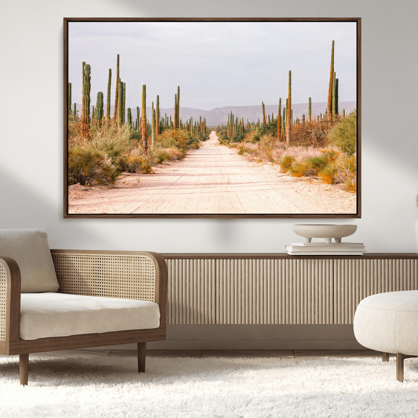 MGV-FC-36X24 - Desert Cactus Lined Road Wall Art Canvas Print, Framed Southwestern Landscape Art Picture Print, Bohemian Western Aesthetic Perfect Southwestern Boho Decor Artwork