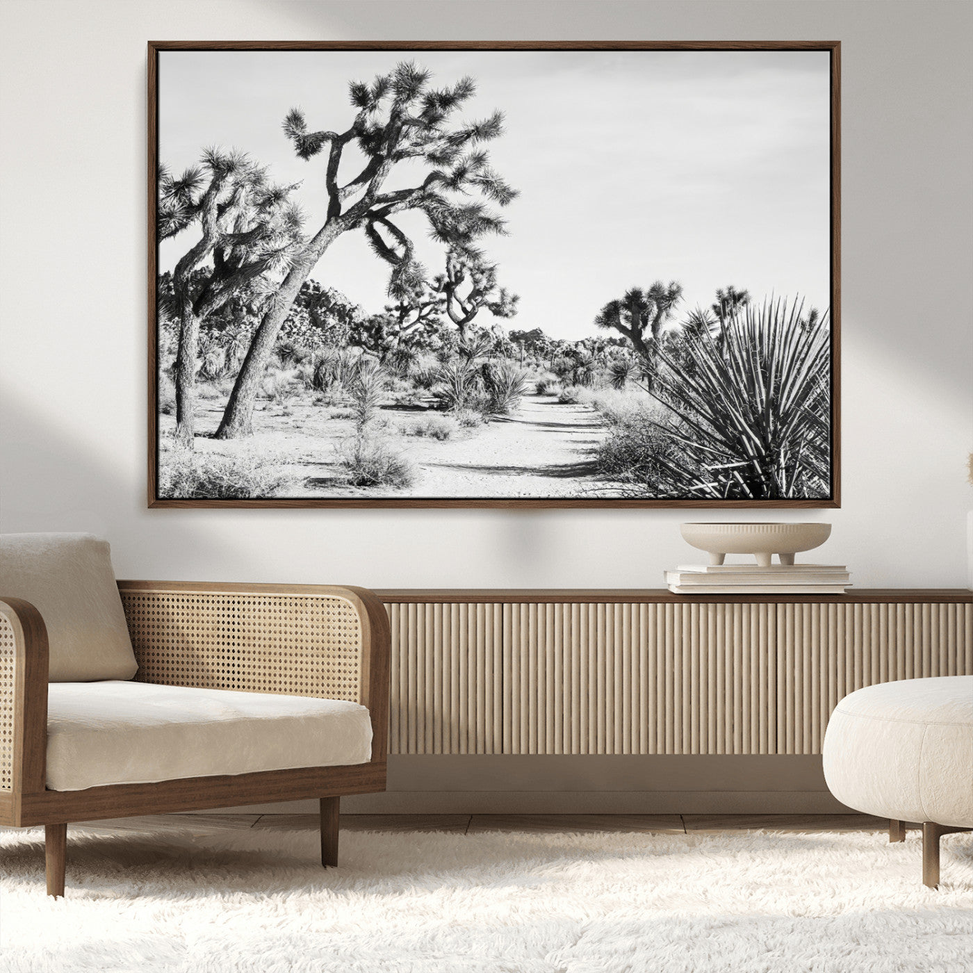 MGV-FC-36X24 - Joshua Tree Wall Art Canvas Print, Framed Desert Path Art Picture Print, Monochrome Desert Perfect Minimalist Desert Decor Artwork