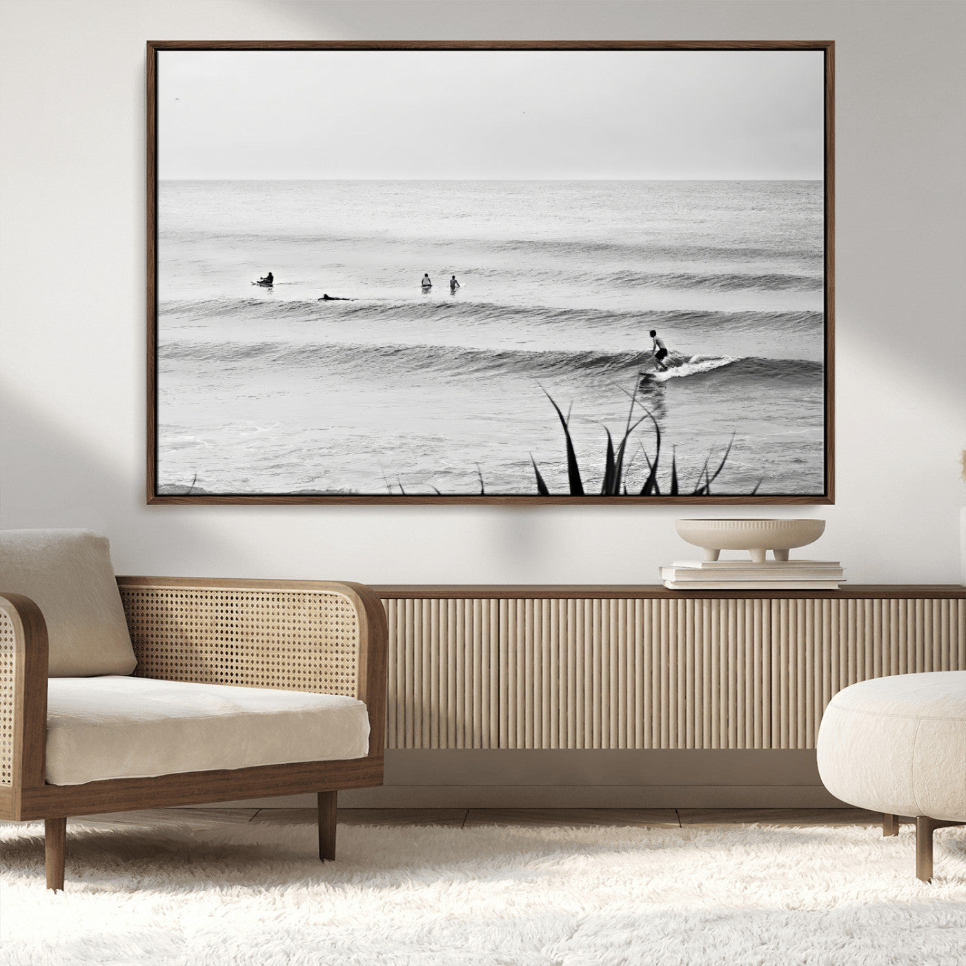 MGV-FC-36X24 - Surfer Silhouette Wall Art Canvas Print, Framed Calm Ocean Art Picture Print, Monochrome Surf Perfect Minimalist Coastal Decor Artwork