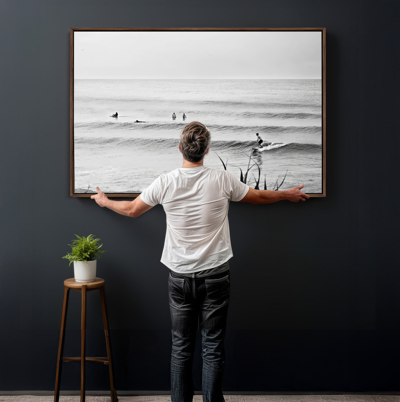 33821421-MGV-CV-36X24 - Surfer Silhouette Wall Art Canvas Print, Framed Calm Ocean Art Picture Print, Monochrome Surf Minimalist Coastal Decor Artwor