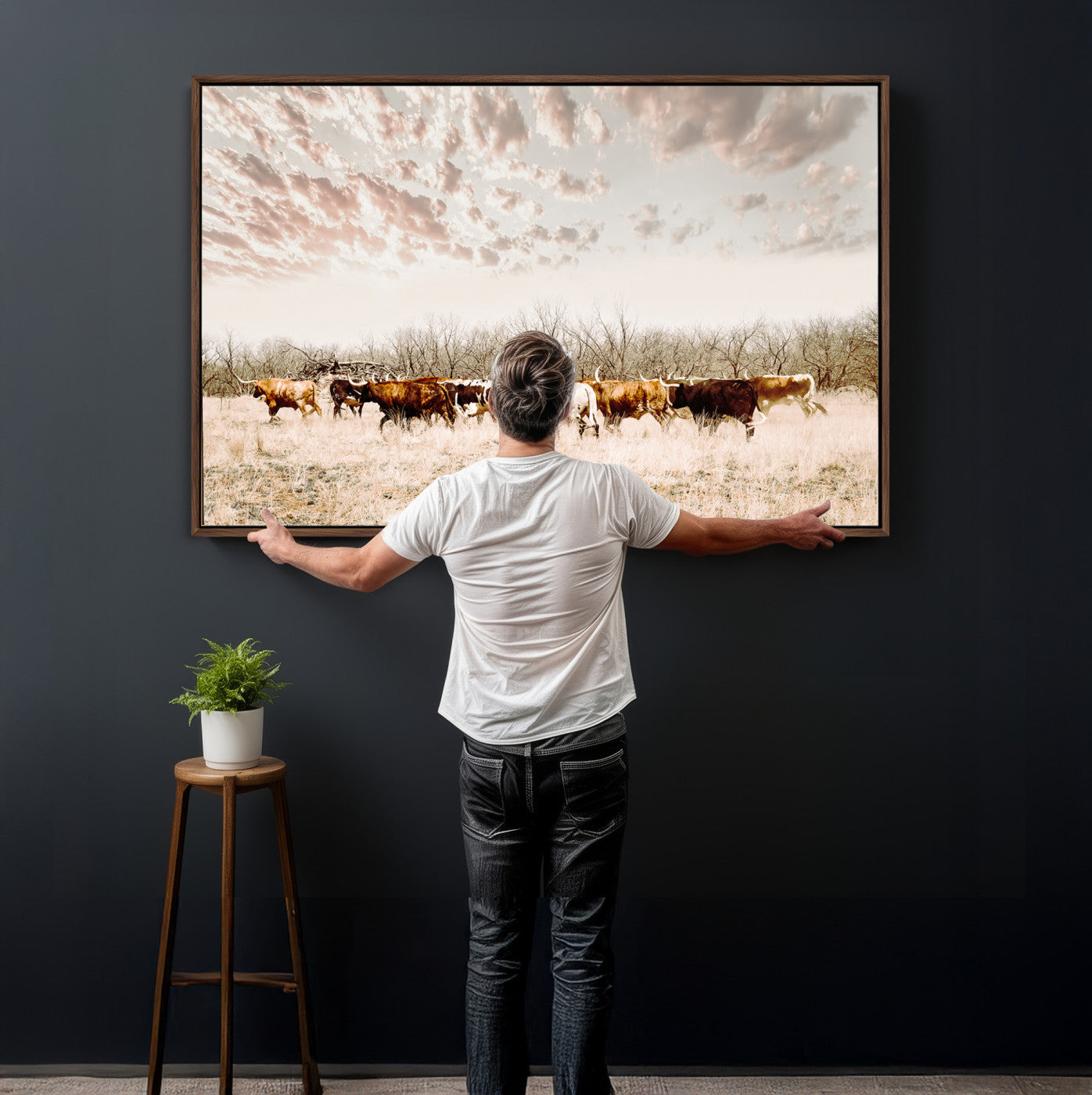 64892775-MGV-CV-36X24 - Longhorn Cattle Wall Art Canvas Print, Framed Texas Ranch Art Picture Print, Western Cow Perfect Western Decor Artwork