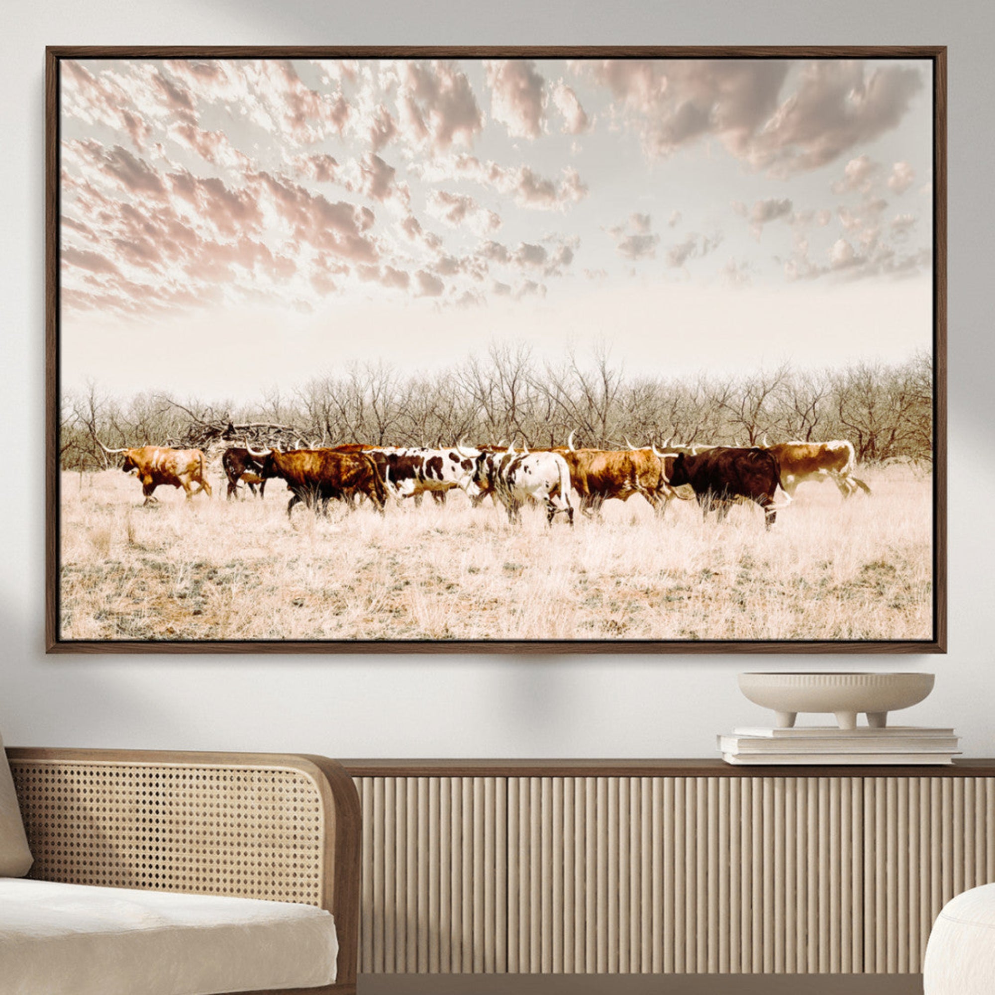 64892775-MGV-CV-36X24-Longhorn Cattle Wall Art Canvas Print – Framed Texas Ranch Scene with Western Cow Artwork for Home, Office