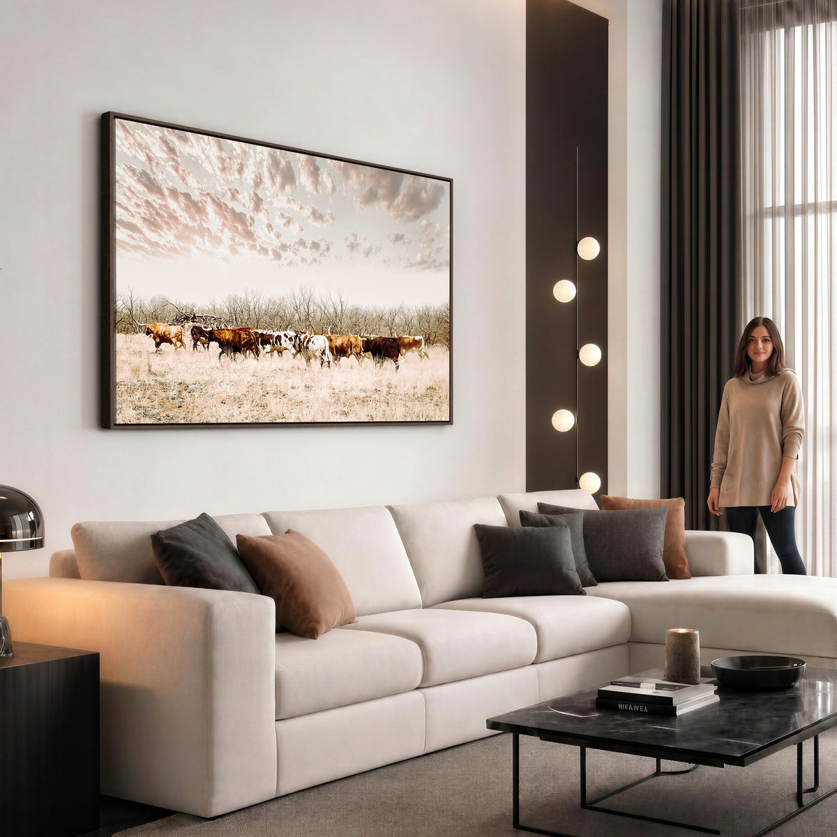 64892775-MGV-CV-24X16 - Longhorn Cattle Wall Art Canvas Print, Framed Texas Ranch Art, Western Cow Print, Prairie Landscape Decor