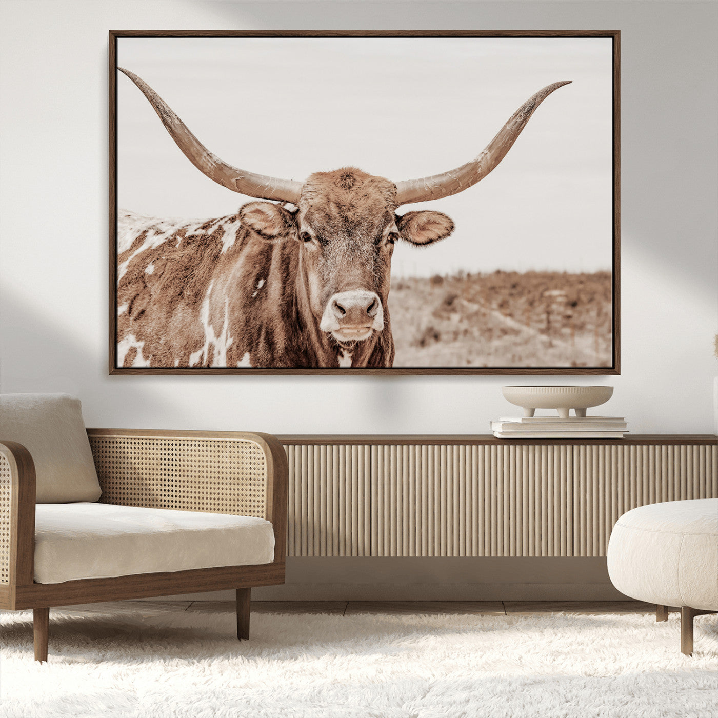 MGV-FC-36X24 - Longhorn Cow Wall Art Canvas Print, Framed Texas Ranch Art Picture Print, Western Bull Perfect County Decor Artwork