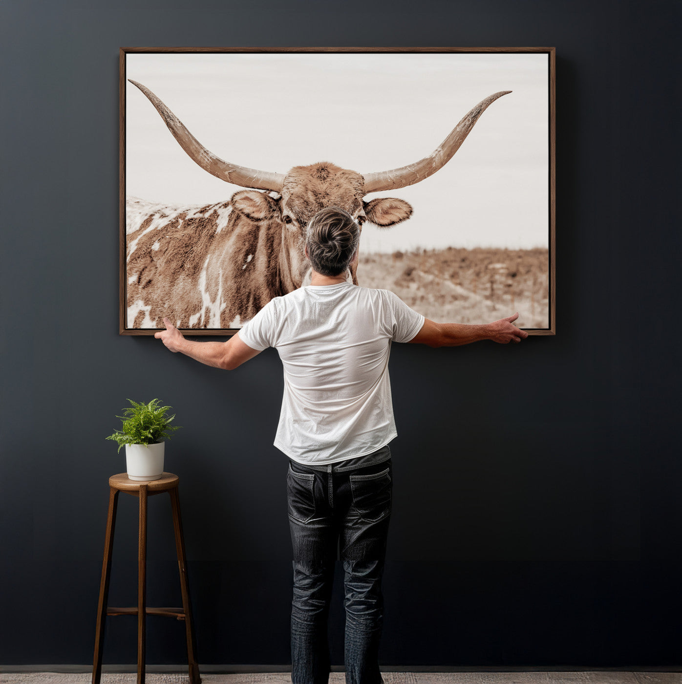 39964150-MGV-CV-36X24 - Longhorn Cow Wall Art Canvas Print, Texas Ranch Print, Framed Western Bull Art Print, Large BigHorn Cowboy Printing Perfect for County Decor