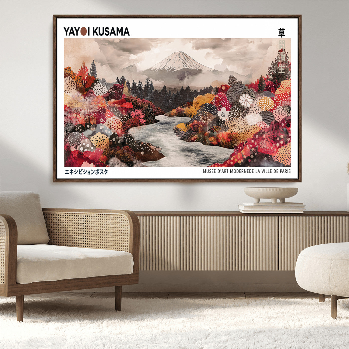 MGV-FC-36X24 - Modern Japanese Wall Art Print, Yayoi Kusama Canvas Wall Art, Abstract Mount Fuji Art Canvas Print,