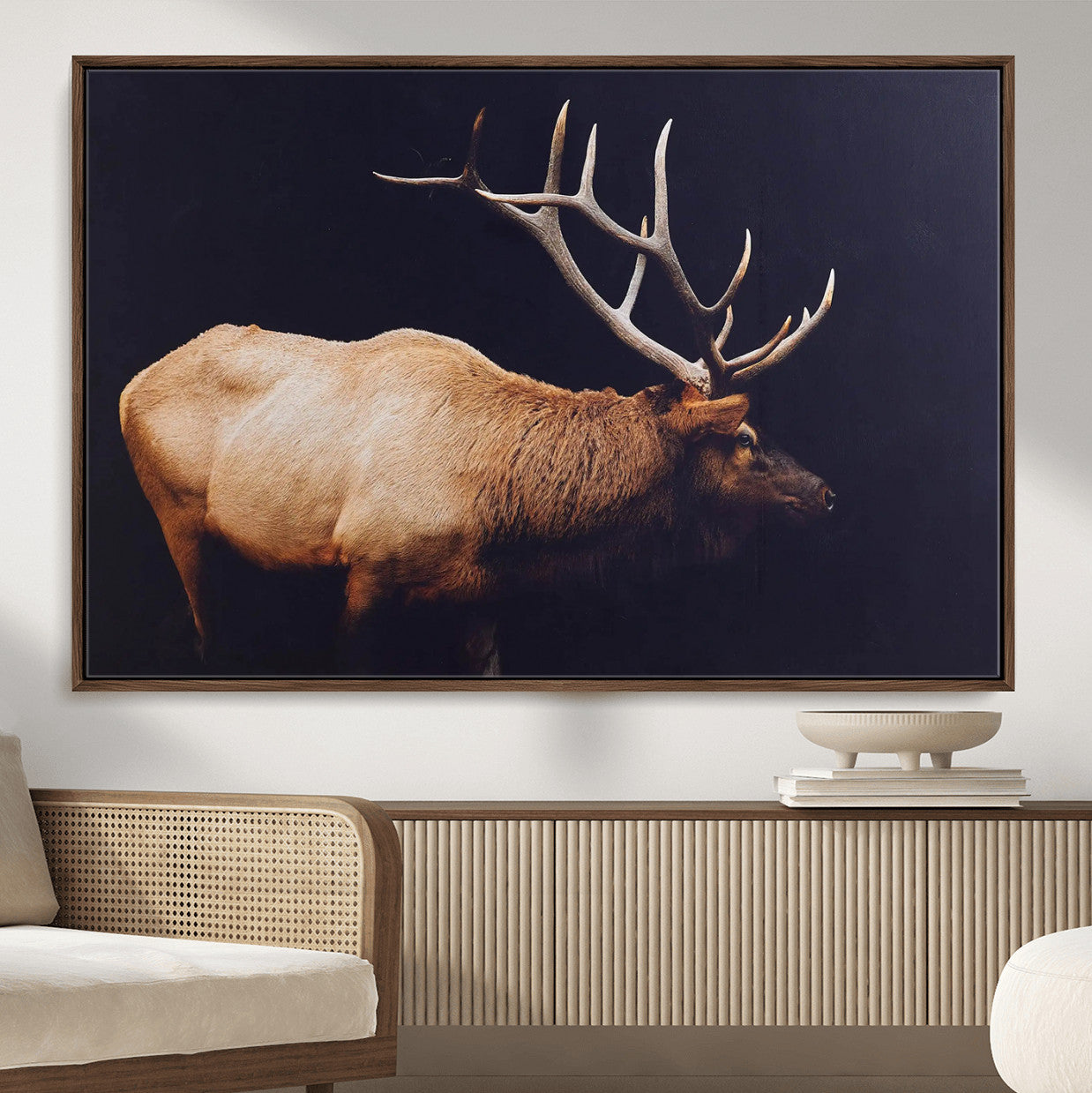 89239257-MGV-FC-36X24 - Rustic Elk Wall Art Canvas Print – Framed Moody Wildlife Art Picture Western Animal Artwork for Home, Office