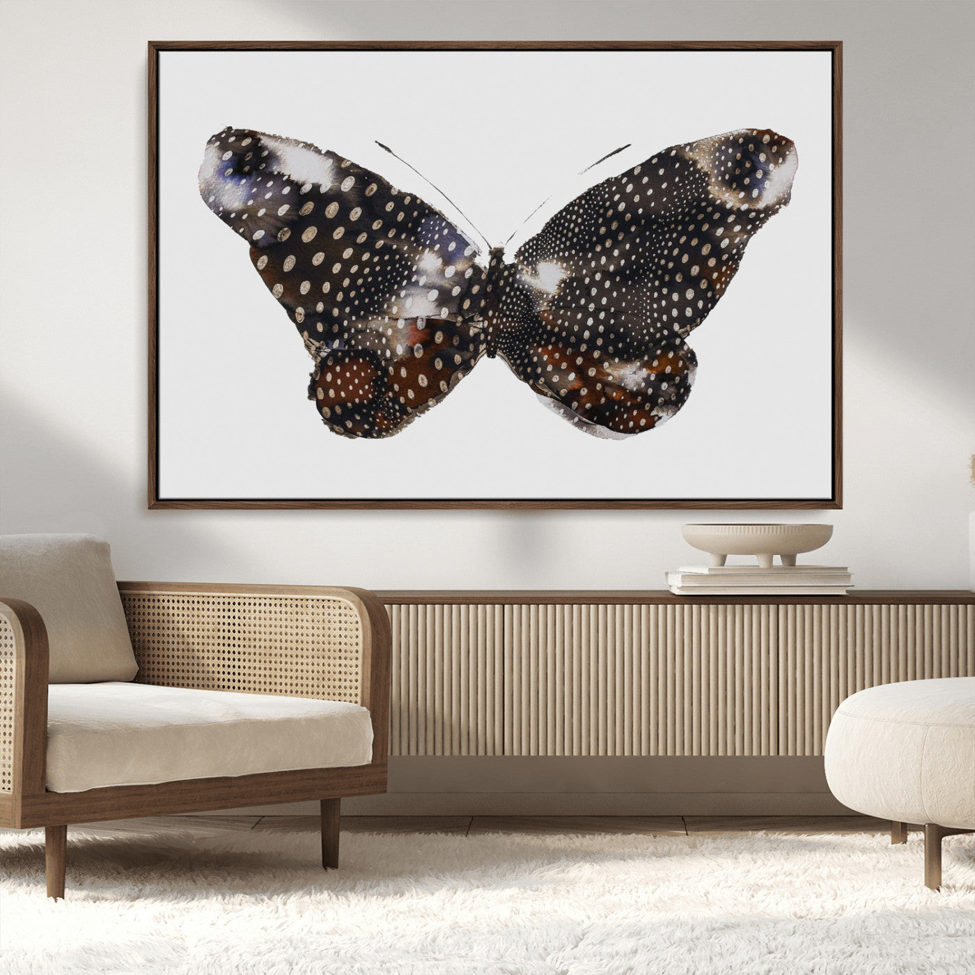 MGV-FC-36X24 - Spotted Butterfly Wall Art Canvas Print, Framed Neutral Insect Theme Art Picture Print, Earthy Wing Pattern Perfect Modern Rustic Decor Artwork