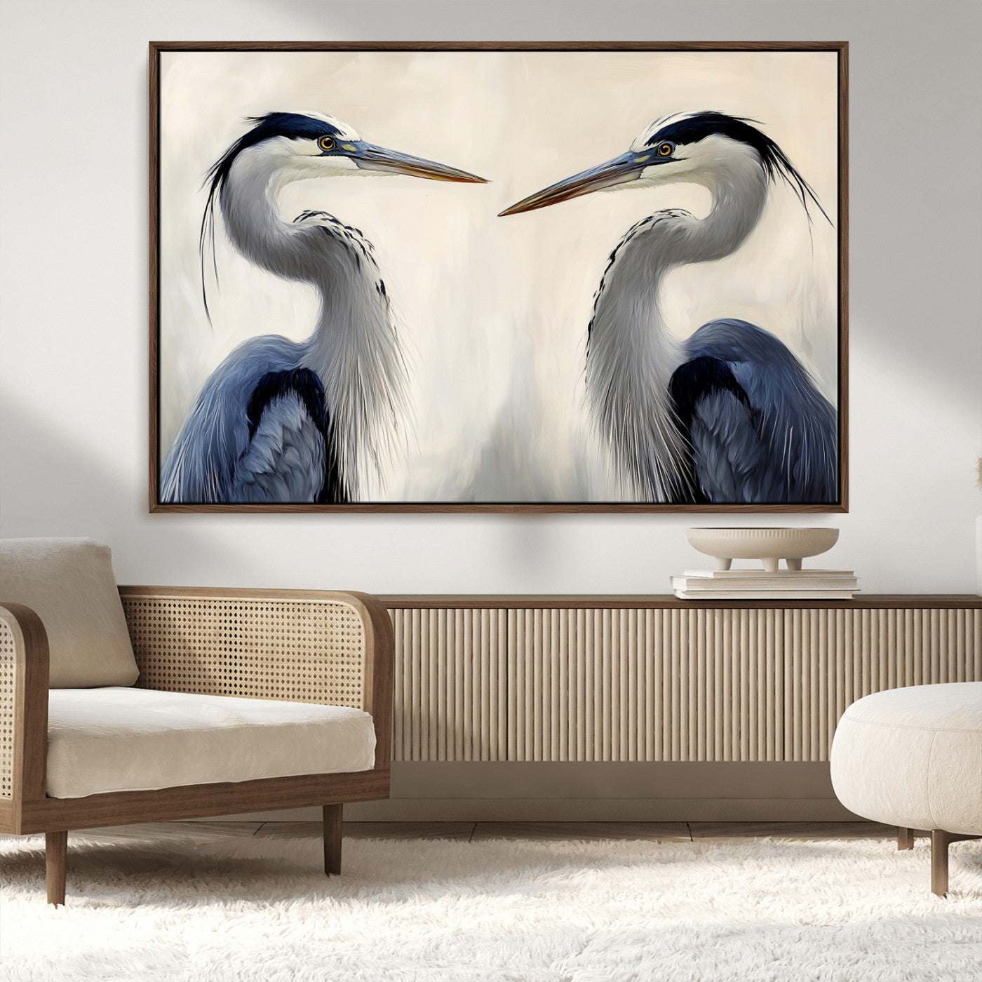 MGV-FC-36X24 - Blue Heron Pair Wall Art Canvas Print, Framed Coastal Bird Theme Art Picture Print, Tranquil Wildlife Scene Perfect Coastal Minimalist Decor Artwork