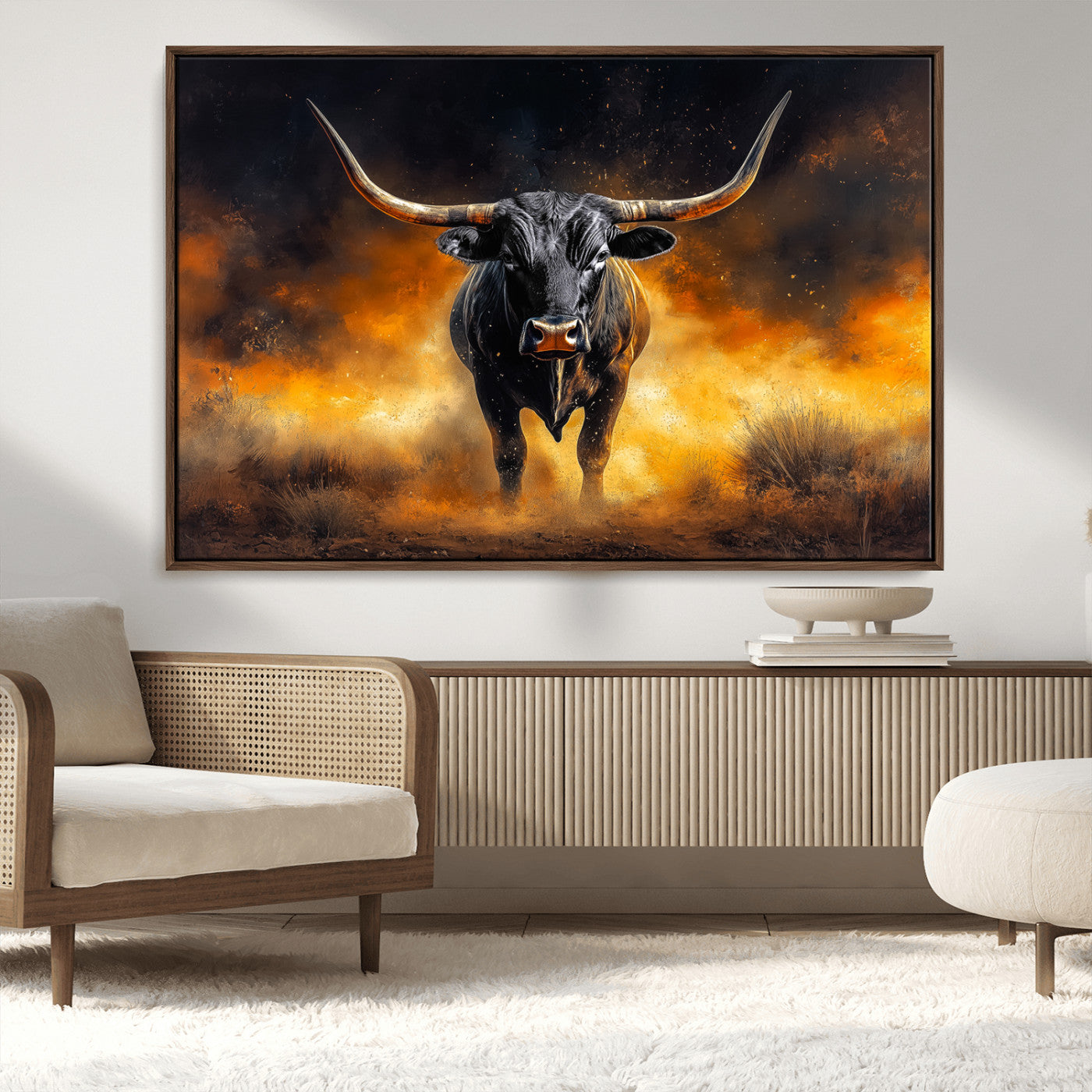 MGV-FC-36X24 - Longhorn Canvas Wall Art Canvas Print, Framed Bold Bull Wall Art Art Picture Print, Western Animal Decor Perfect Western Dramatic Decor Artwork