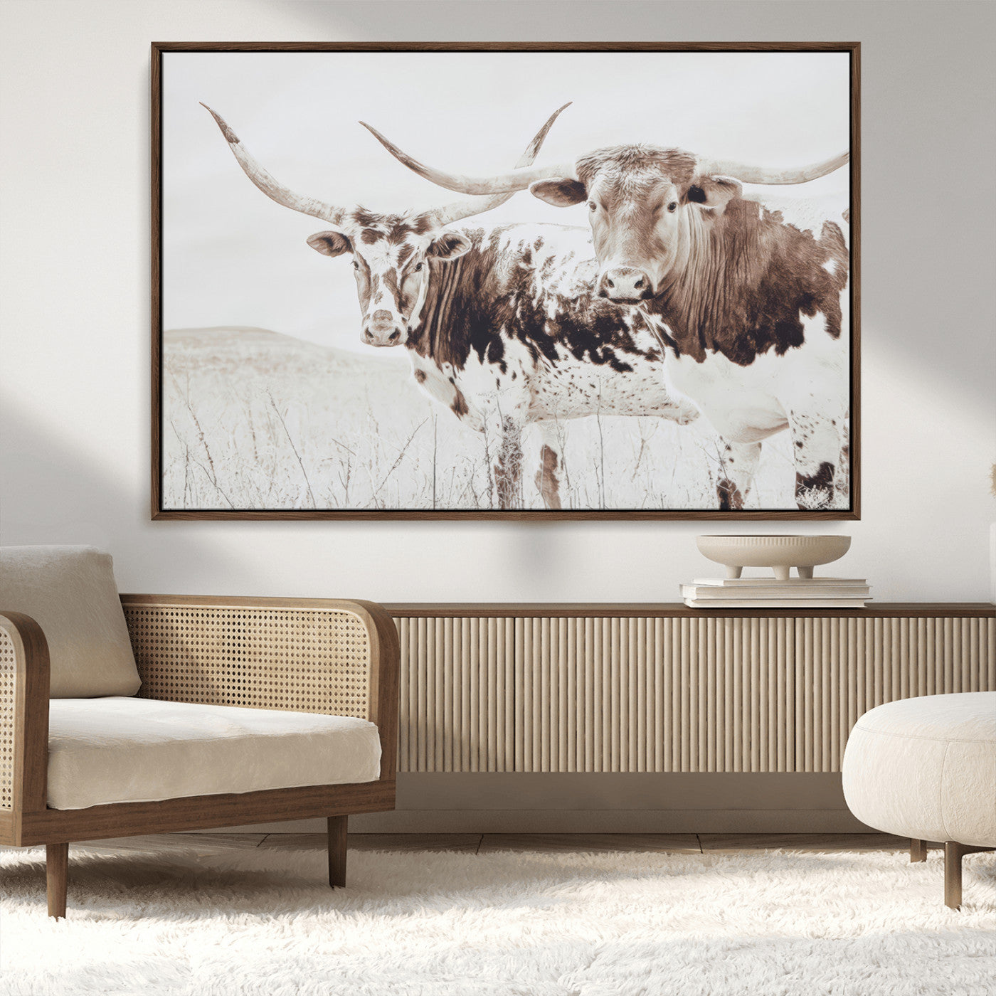 MGV-FC-36X24 - Longhorn Wall Art Wall Art Canvas Print, Framed Western Cow Canvas Art Picture Print, Rustic Farm Decor Perfect Rustic Farmhouse Decor Artwork