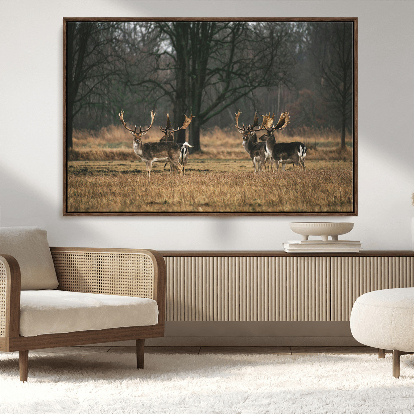 MGV-FC-36X24 - Deer Photography Wall Art Canvas Print, Framed Rustic Wildlife Art Picture Print, Stags In Forest Perfect Rustic Wilderness Decor Artwork