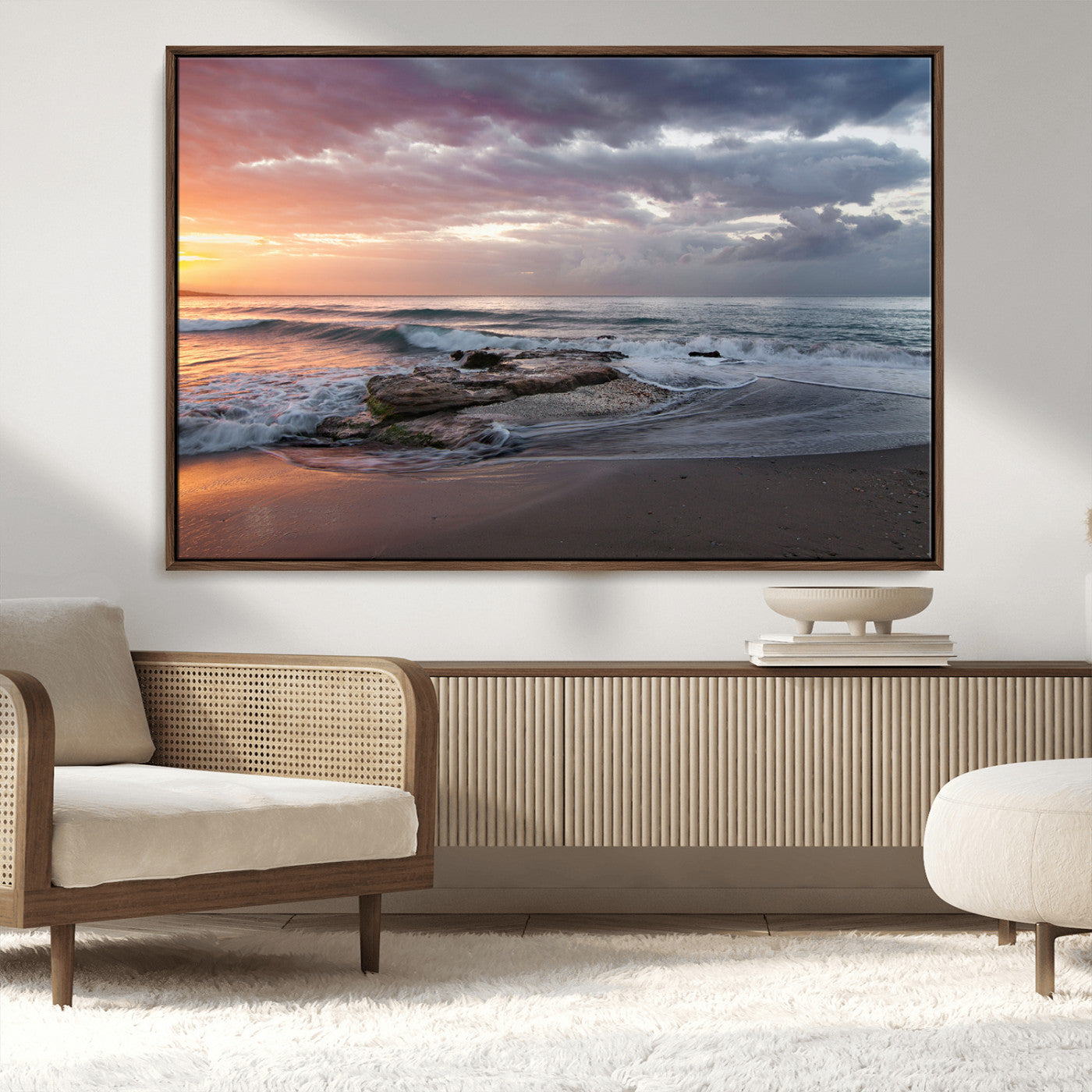 MGV-FC-36X24 - Golden Hour Wall Art Canvas Print, Framed Tranquil Waves Art Picture Print, Beach Perfect Coastal Serenity Decor Artwork