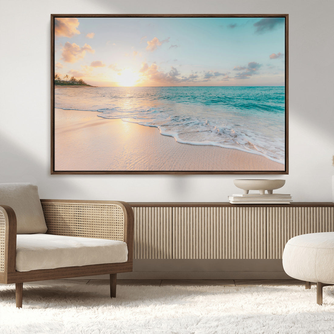 Beach Sunset Wall Art Canvas Print, Framed Ocean Waves Summer Escape