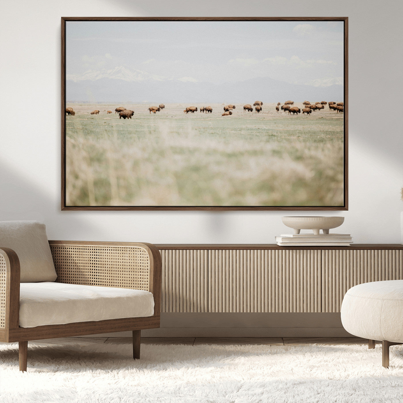 MGV-FC-36X24 - Bison Herd Wall Art Canvas Print, Framed Western Art Picture Print, Bison Perfect Ranch Decor Artwork