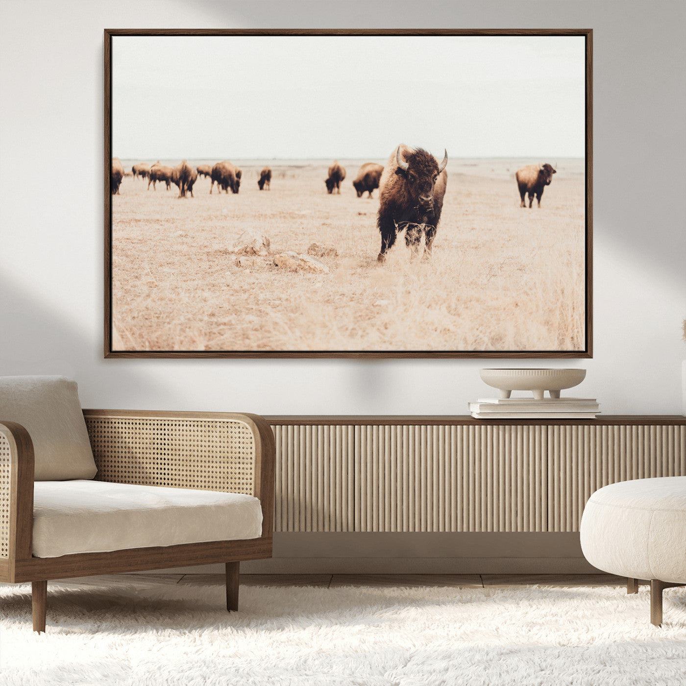 MGV-FC-36X24 - Bison Herd Wall Art Canvas Print, Framed Western Art Picture Print, Prairie Serenity Perfect Ranch Decor Artwork