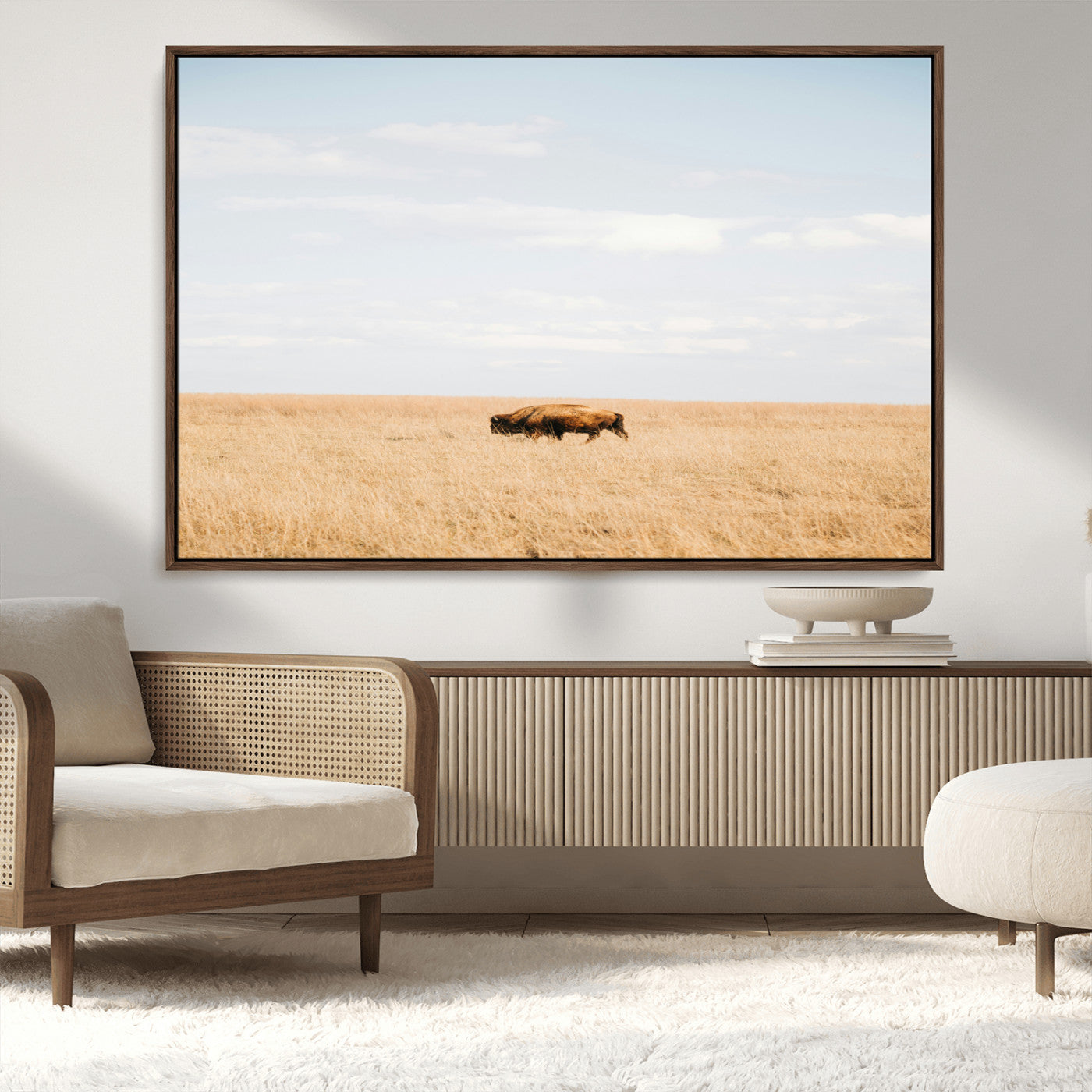 MGV-FC-36X24 - Minimalist Nature Wall Art Canvas Print, Framed Bison In Grassland Art Picture Print, Open Field Perfect Modern Ranch Decor Decor Artwork