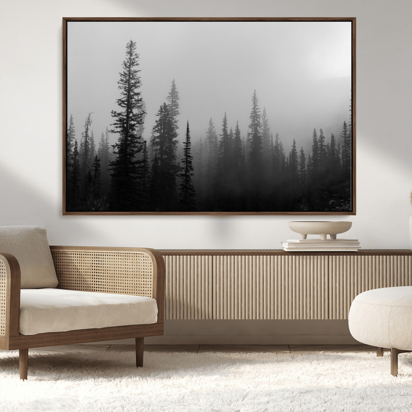 MGV-FC-36X24 - Misty Pines Wall Art Canvas Print, Framed Woodland Photography Art Picture Print, Minimalist Decor Perfect Rustic Decor Artwork