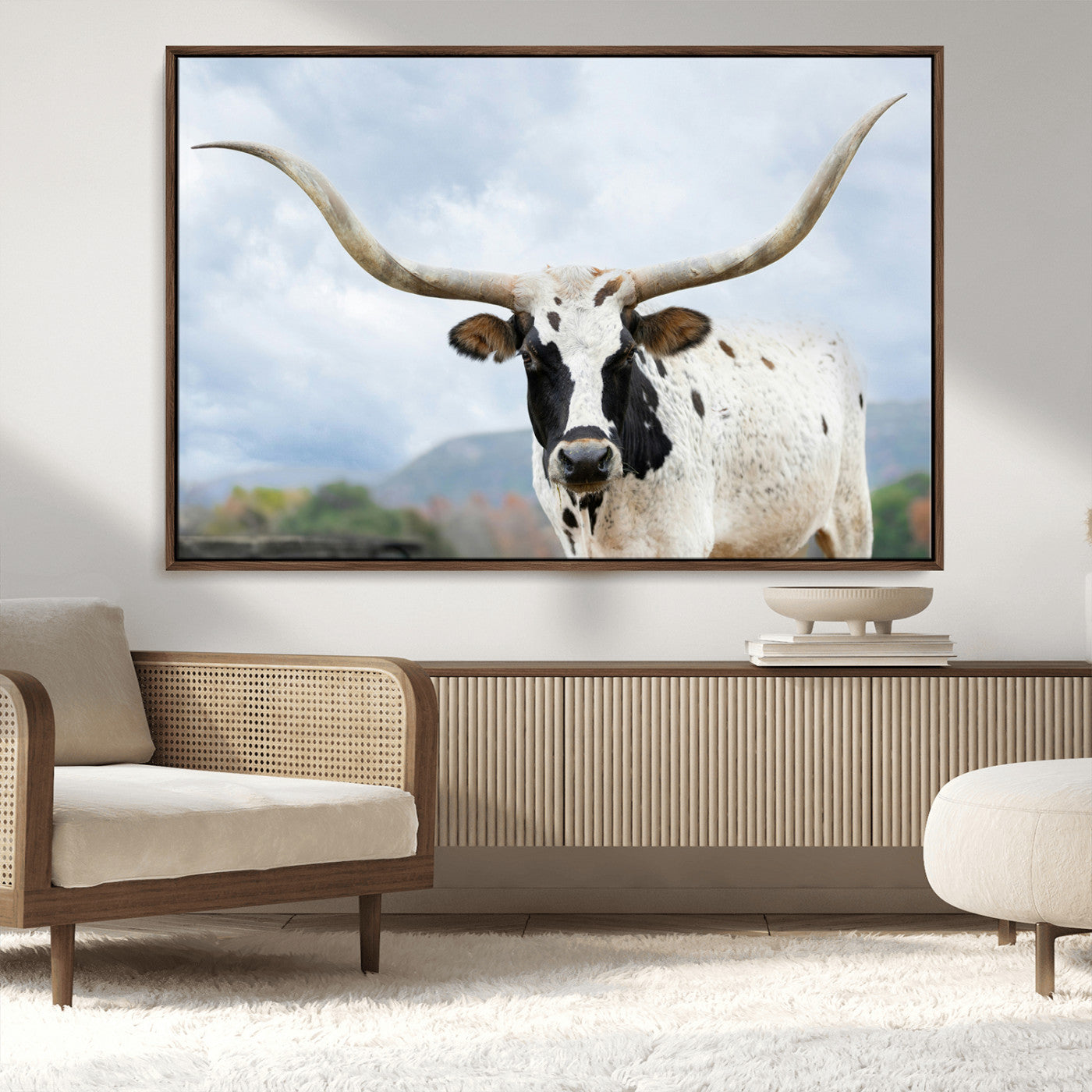 MGV-FC-36X24 - Texas Longhorn Wall Art Canvas Print, Framed Western Rustic Art Picture Print, Farmhouse Decor Perfect Farmhouse Decor Artwork