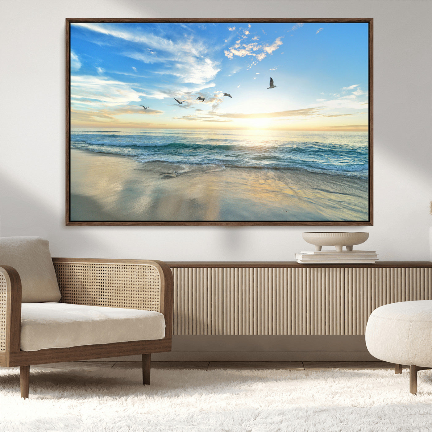 MGV-FC-36X24 - Minimalist Seaside Wall Art Canvas Print, Framed Morning Glow Art Picture Print, Golden Reflections Perfect Coastal Minimalist Decor Artwork