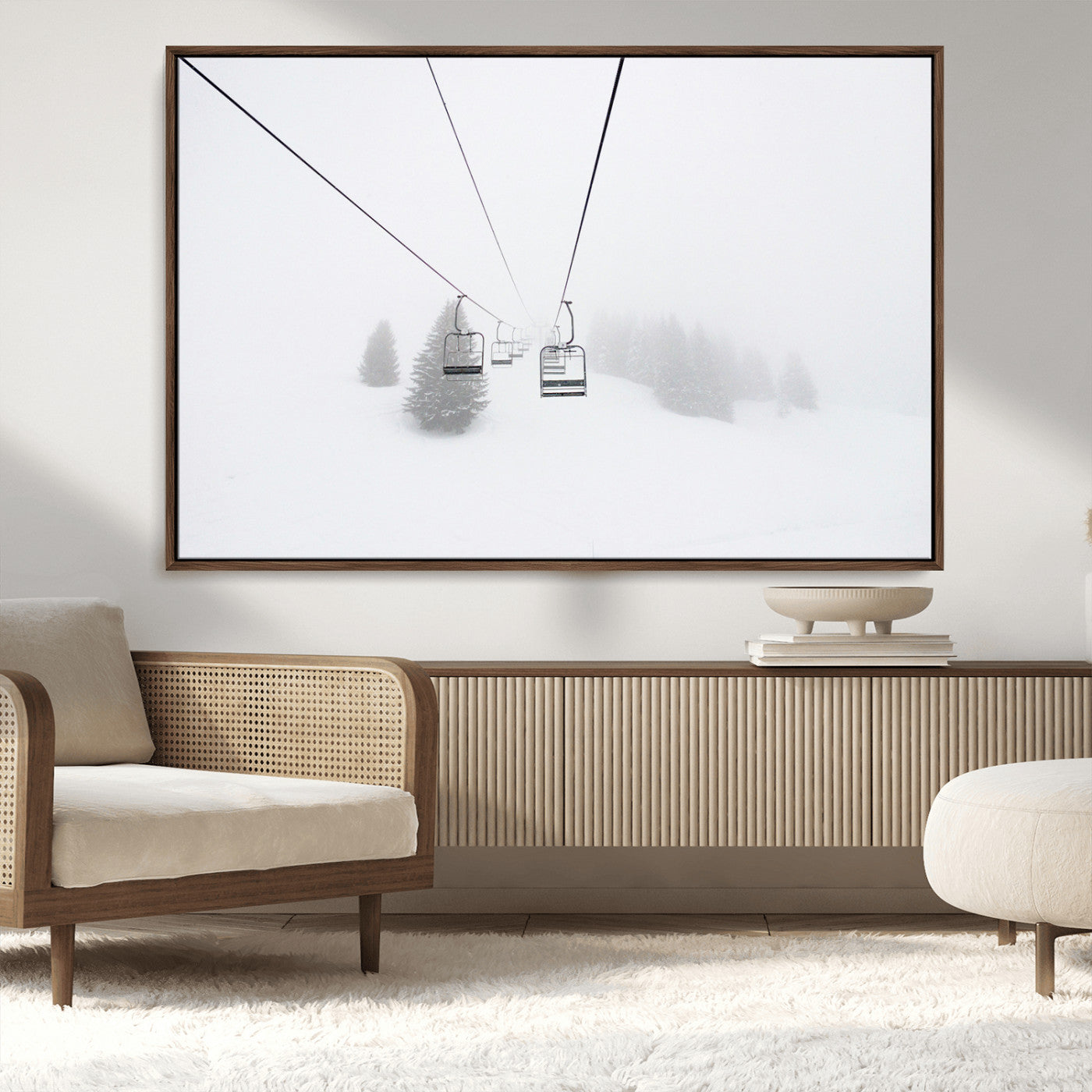 MGV-FC-36X24 - Ski Lift Wall Art Canvas Print, Framed Snowy Landscape Art Picture Print, Alpine Adventure Perfect Nordic Minimalist Decor Artwork