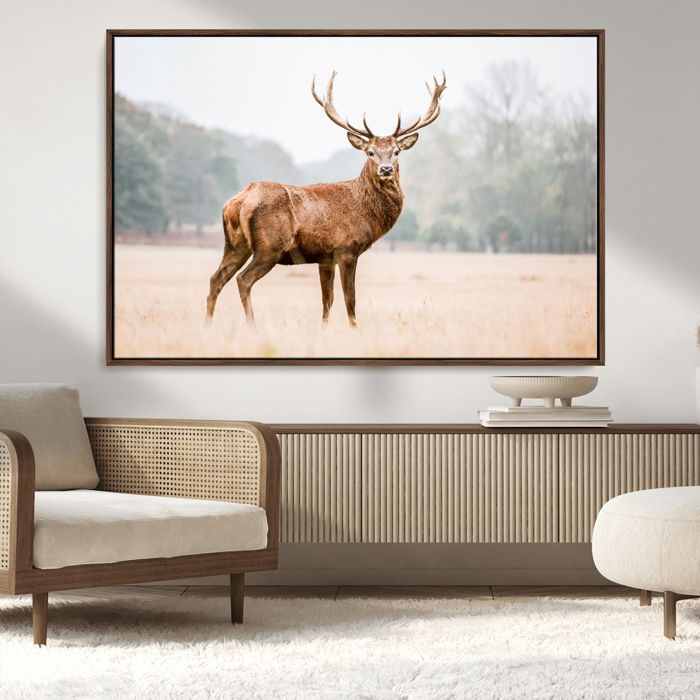 MGV-FC-36X24 - Vintage Wildlife Art Wall Art Canvas Print, Framed Misty Landscape Art Picture Print, Deer Wall Art Perfect Rustic Wildlife Decor Artwork