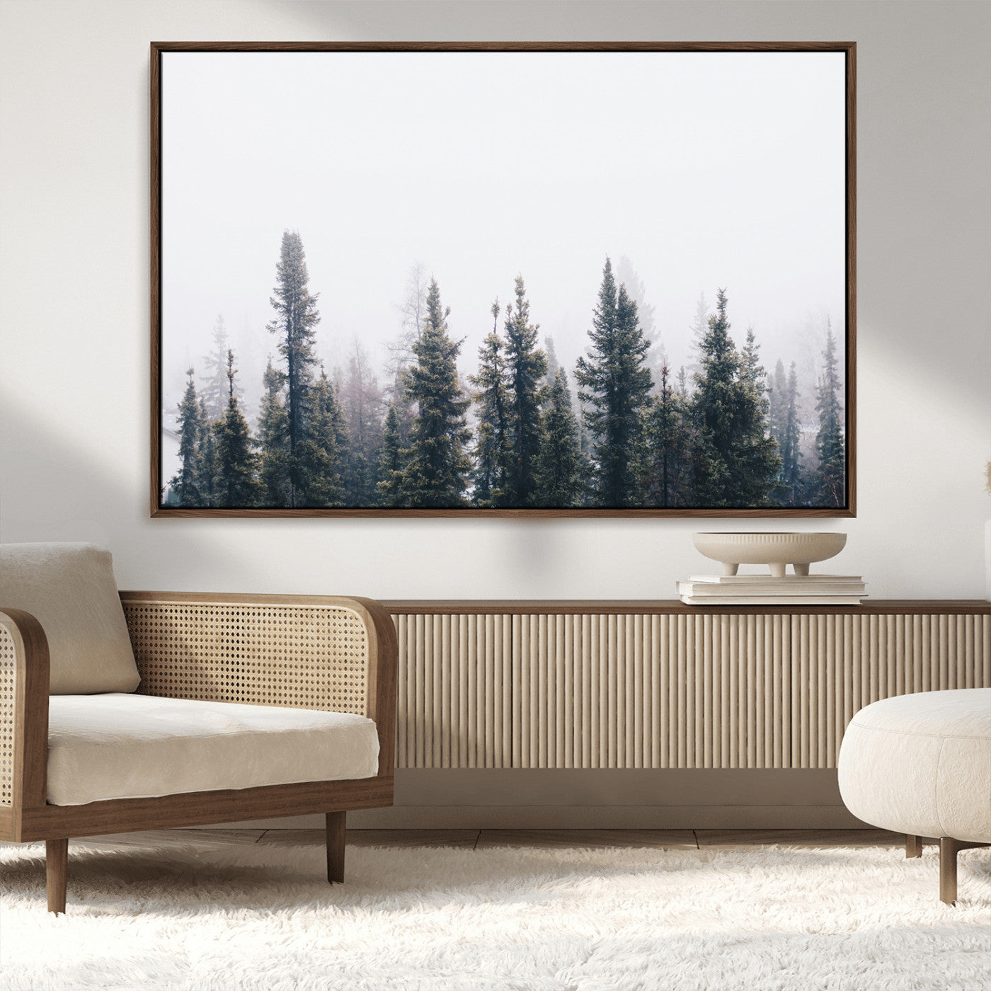 MGV-FC-36X24 - Foggy Forest Wall Art Canvas Print, Framed Misty Pines Art Picture Print, Moody Woodland Perfect Scandinavian Minimalist Decor Artwork