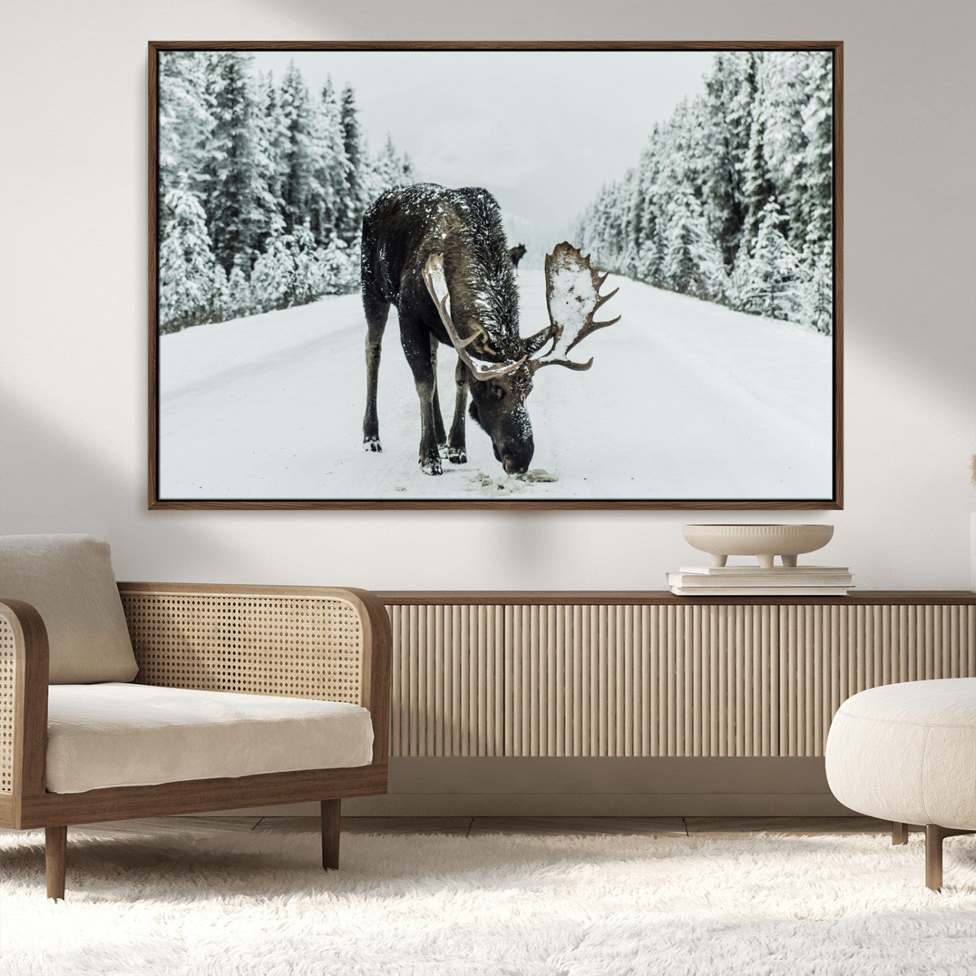 MGV-FC-36X24 - Moose in Snow Wall Art Canvas Print, Framed Winter Wildlife Art Picture Print, Snowy Forest Scene Perfect Rustic Lodge Decor Artwork