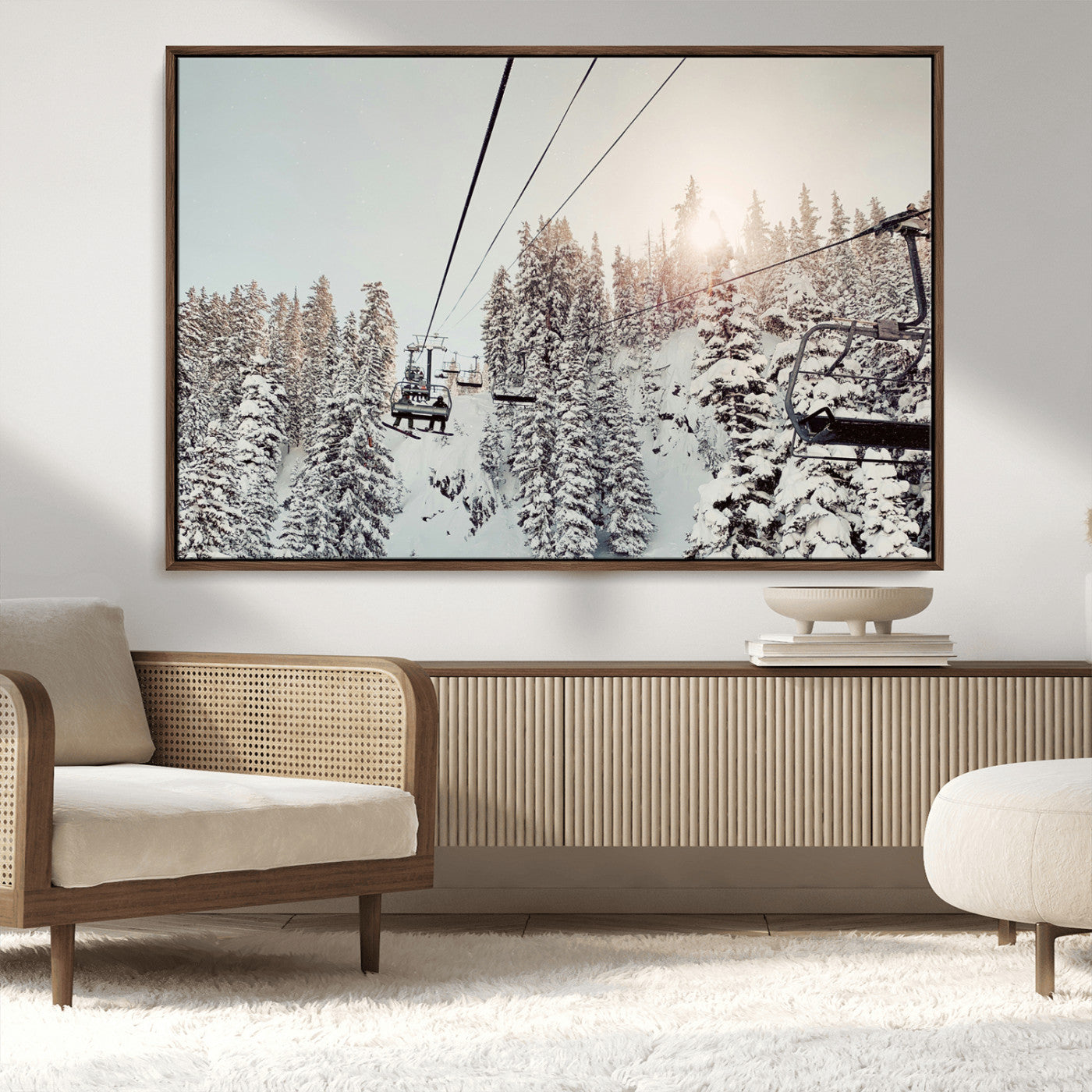 MGV-FC-36X24 - Frosty Pines Wall Art Canvas Print, Framed Cozy Cabin View Art Picture Print, Ski Lift Ride Perfect Rustic Lodge Decor Artwork