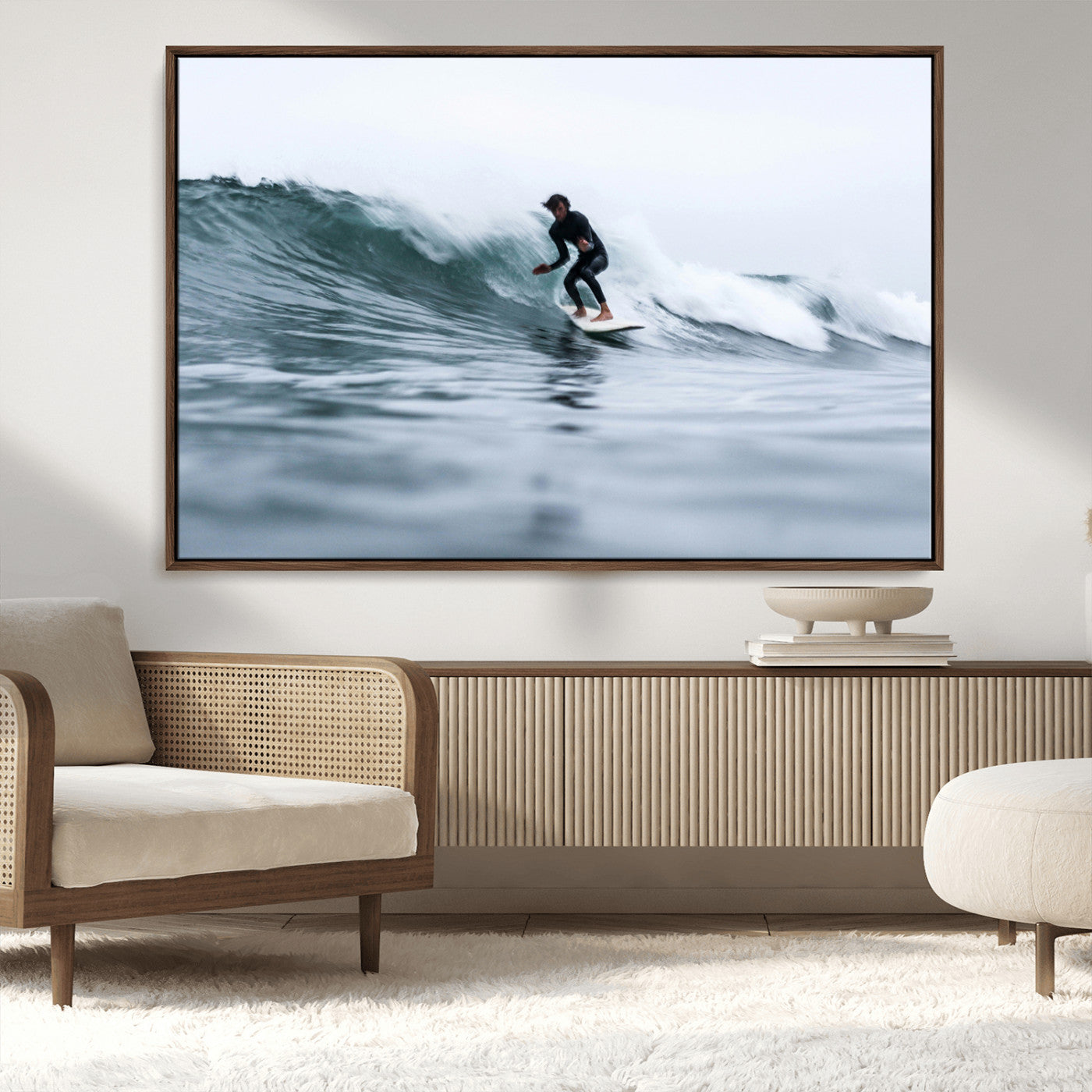 MGV-FC-36X24 - Surfer on Wave Wall Art Canvas Print, Framed Ocean Adventure Art Picture Print, Motion Blur Water Perfect Coastal Adventure Decor Artwork