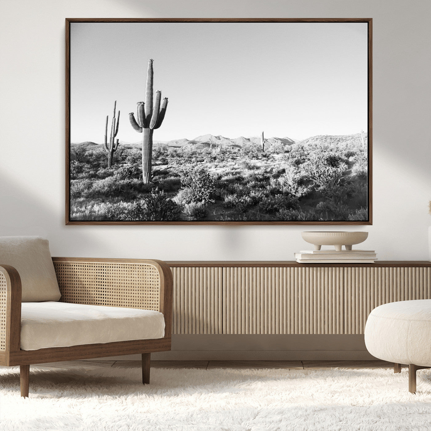 MGV-FC-36X24 - Saguaro Cactus Wall Art Canvas Print, Framed Monochrome Landscape Art Picture Print, Scenic Arizona View Perfect Minimalist Western Decor Artwork