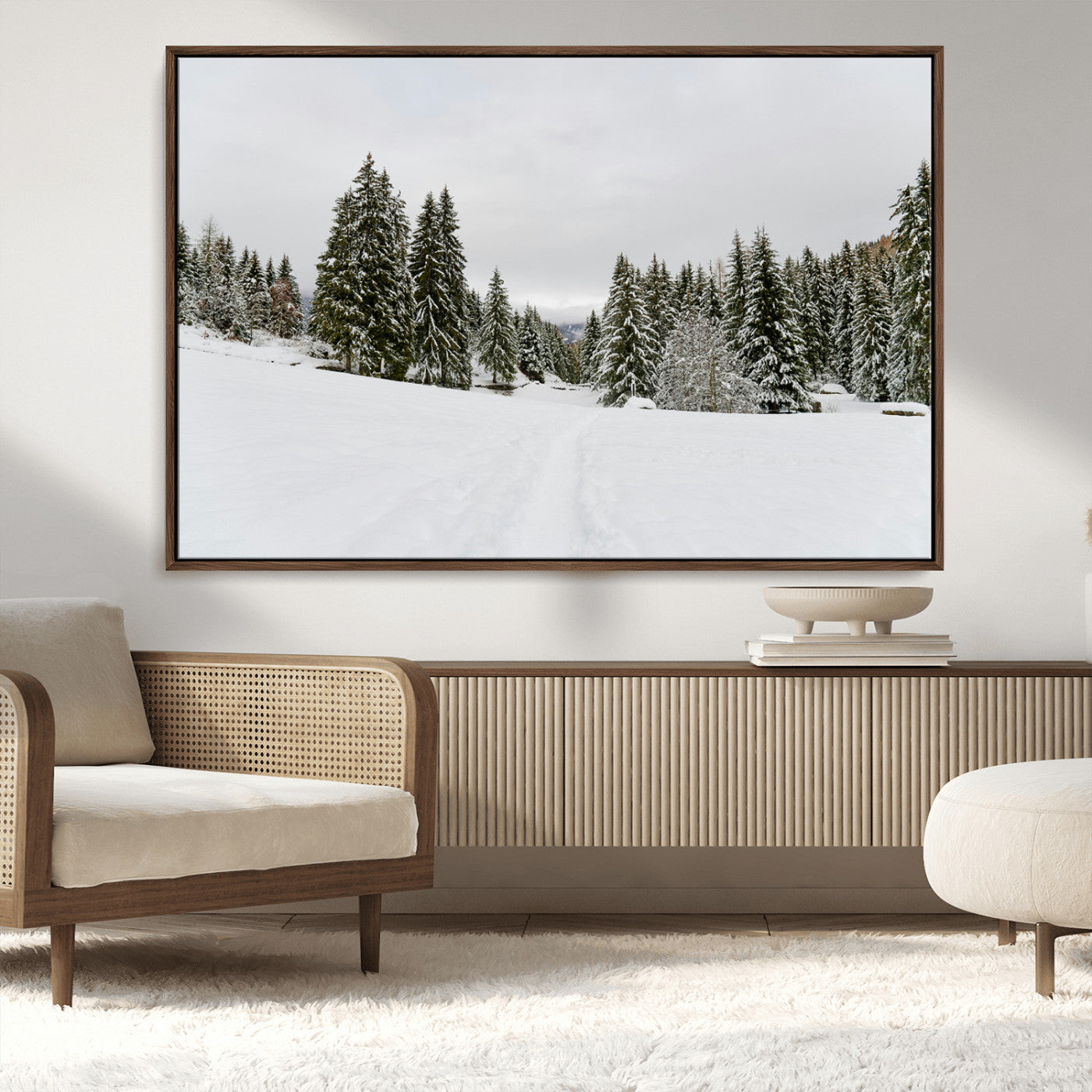 MGV-FC-36X24 - Frosty Pines Wall Art Canvas Print, Framed Silent Snowfall Art Picture Print, Cozy Cabin Vibes Perfect Nordic Minimalist Decor Artwork