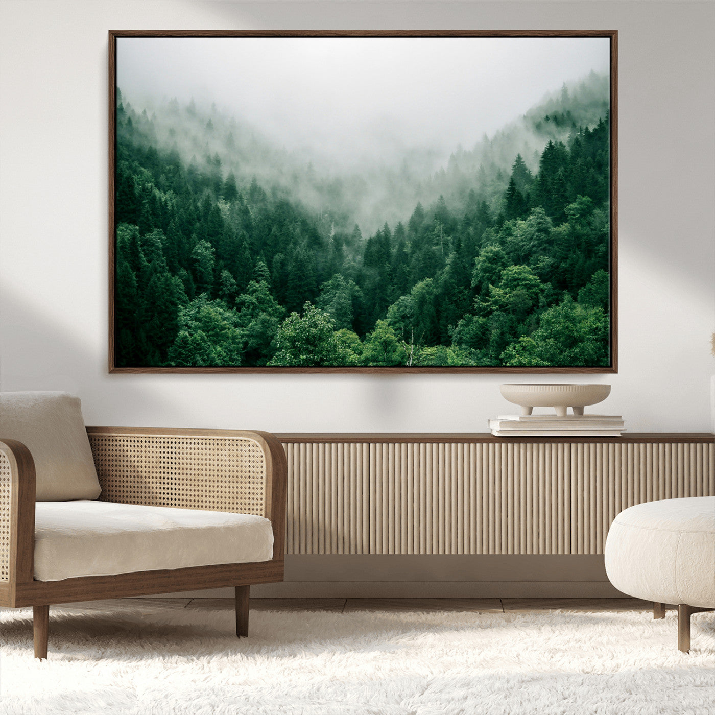 MGV-FC-36X24 - Misty Green Forest Canvas Print – Serene Foggy Pine Landscape Wall Art, Tranquil Nature Decor for