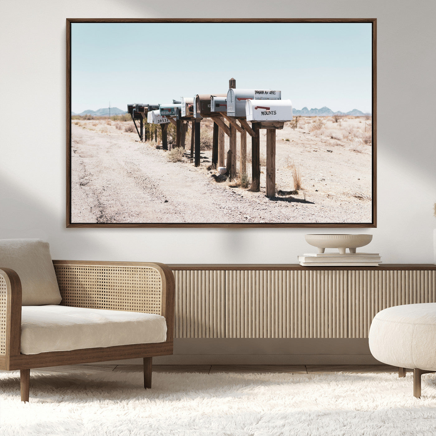 MGV-FC-36X24 - Desert Mailboxes Canvas Print – Minimal Western Landscape Photography, Rustic Americana Wall Art for