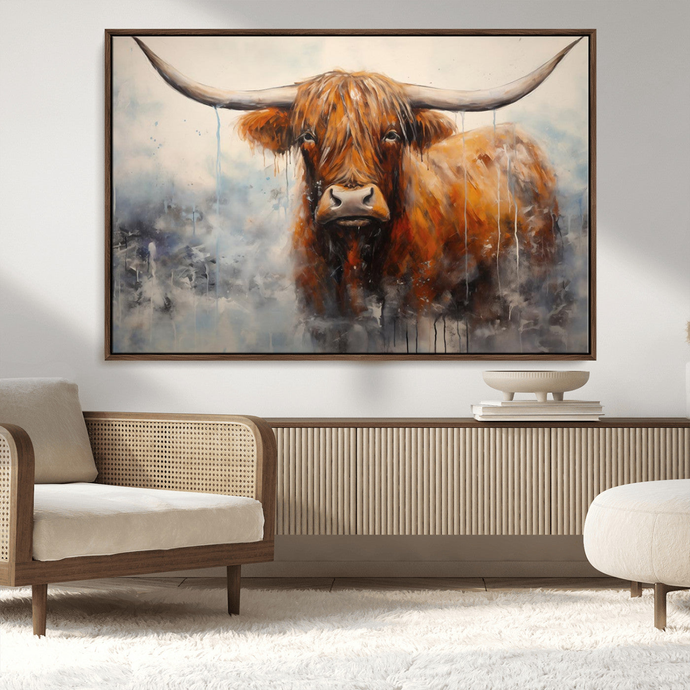 MGV-FC-36X24 - Scottish Highland Wall Art Canvas Print, Framed Longhorn Art Picture Print, Western Cow Perfect Farmhouse Decor Artwork