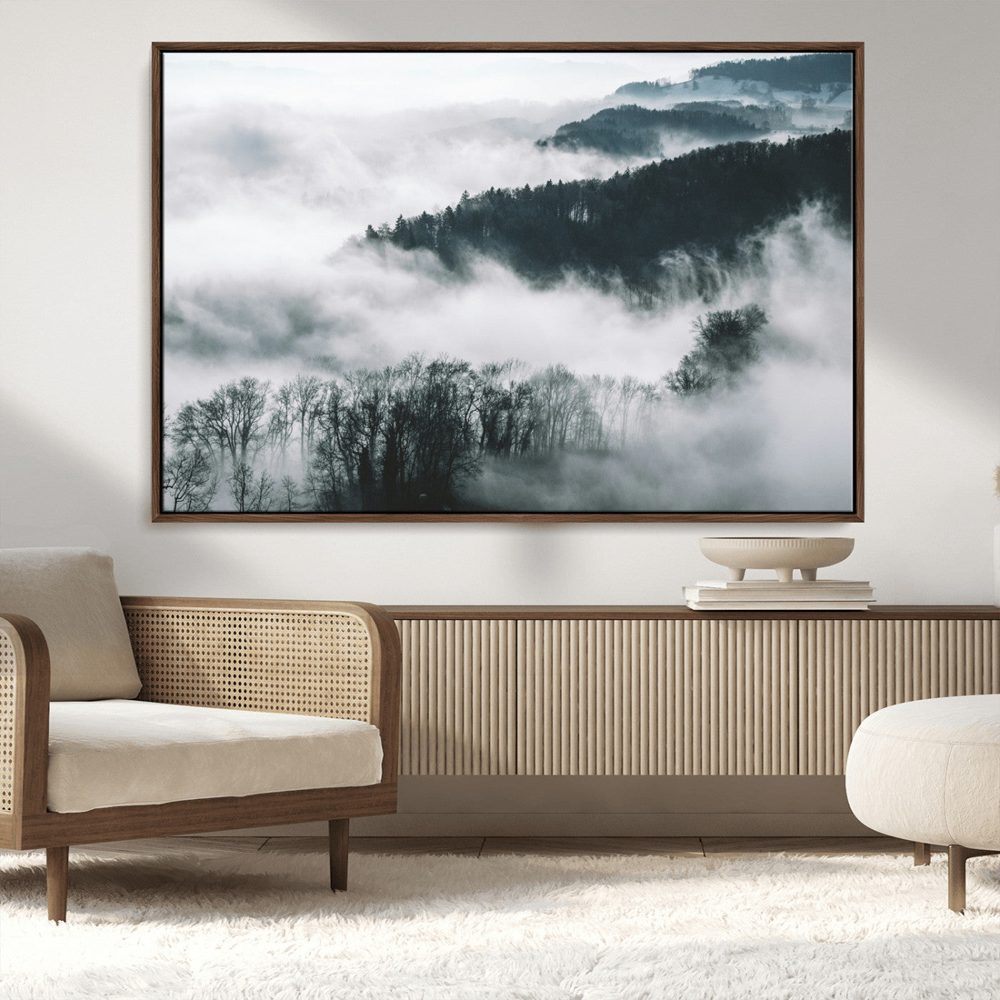 MGV-FC-36X24 - Foggy Forest Landscape Wall Art Canvas Print – Misty Mountain Valley Scene in Monochrome Tones,