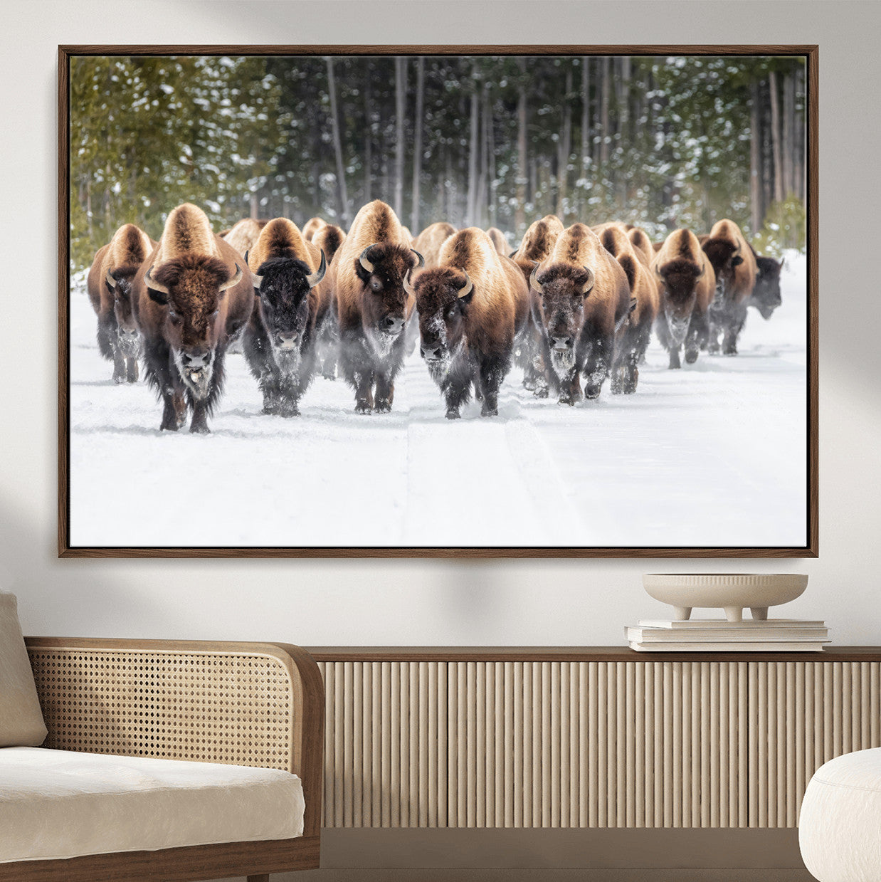 96906195-MGV-FC-36X24 - American Bison Herd Snow Canvas Wall Art – Powerful Winter Wildlife Print of Buffalo Motion, Rustic Lodge or Western Cabin Decor for Living Room, Office