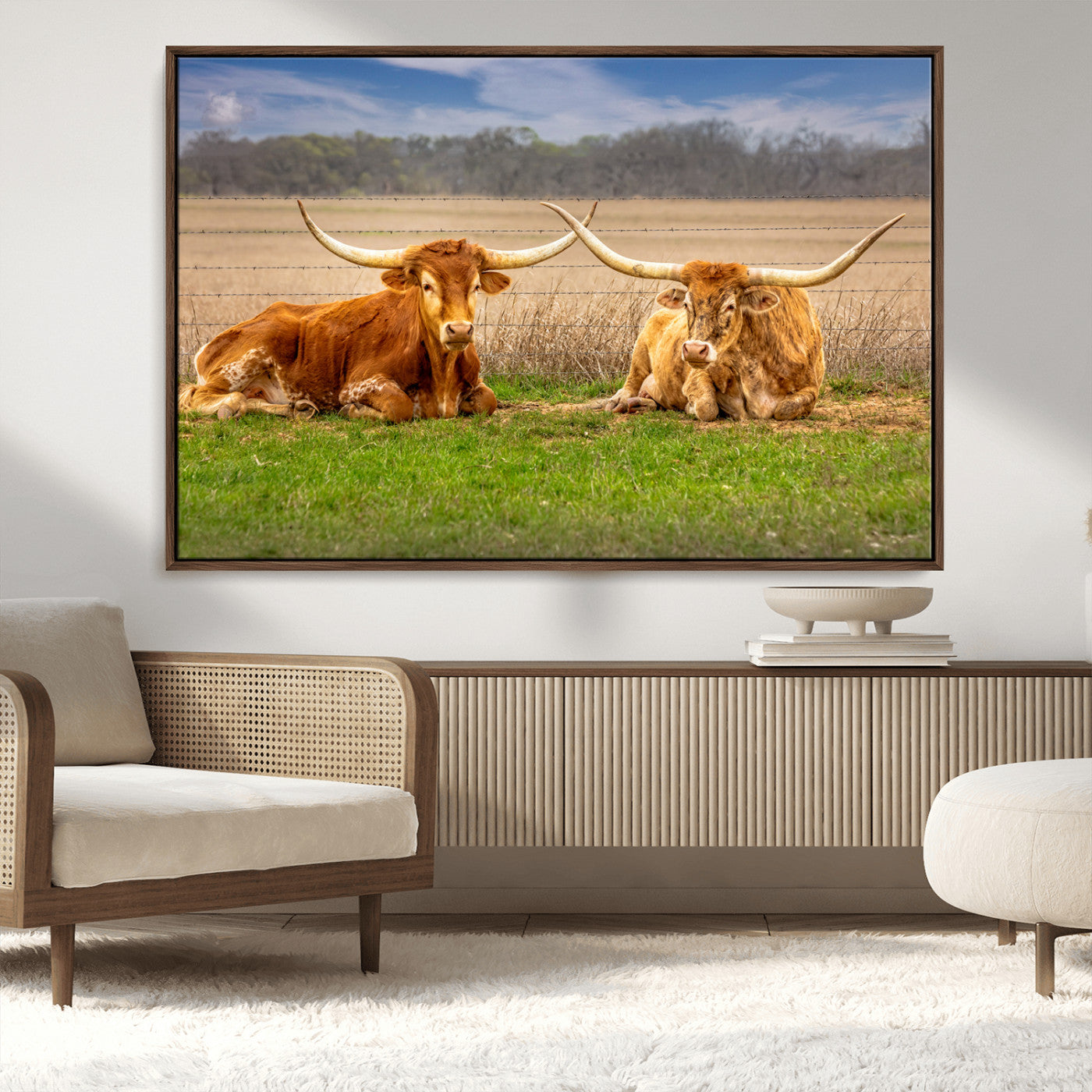 MGV-FC-36X24 - Texas Longhorn Pair Wall Art Canvas Print – Peaceful Rustic Ranch Scene with Two Cattle in Field,