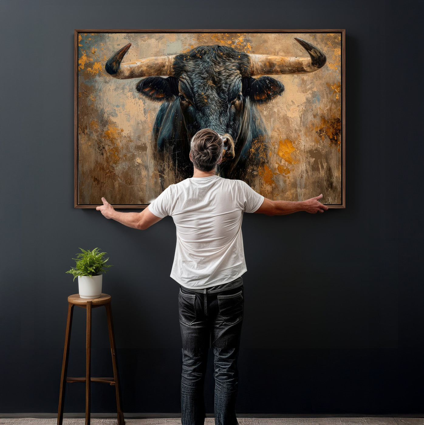 91615410-MGV-CV-36X24 - Abstract Texas Longhorn Bull Wall Art – Rustic Farmhouse Canvas Print, Western Cabin Style Decor, Large Animal Artwork for Living Room or Office