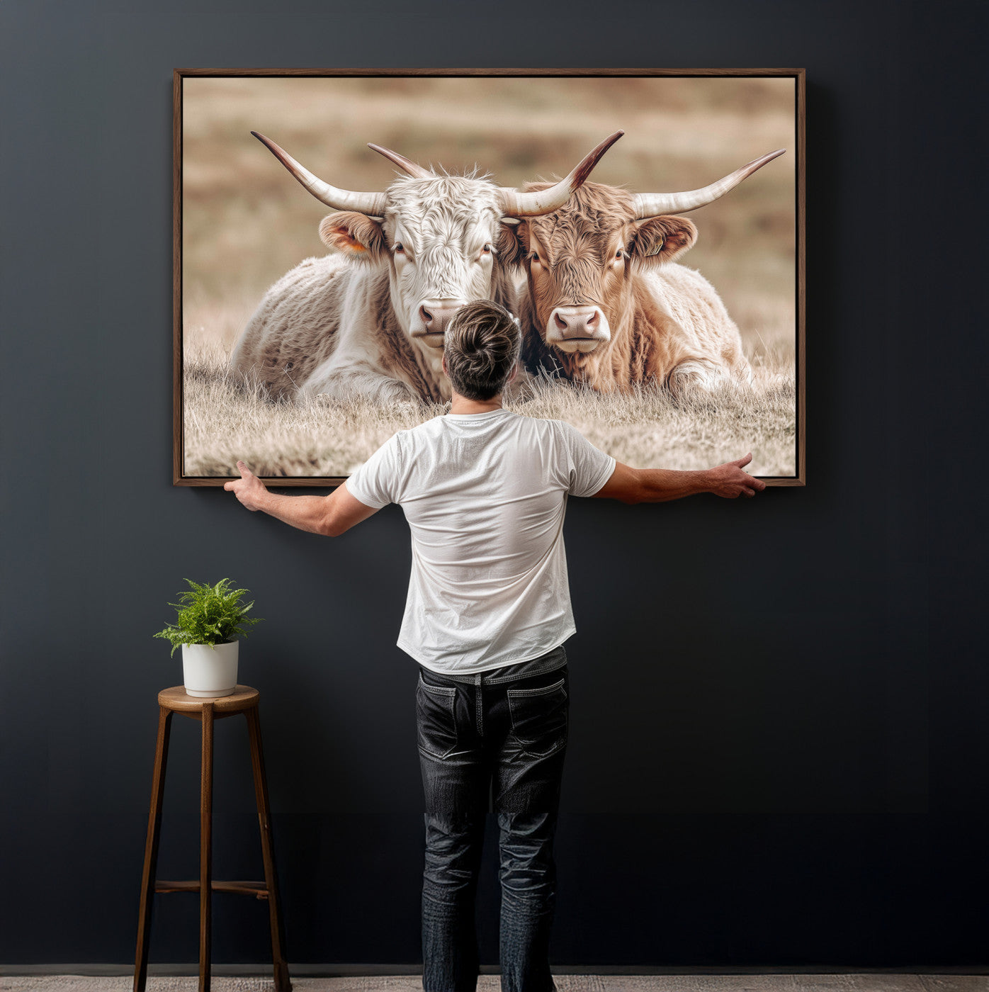 38651722-MGV-CV-36X24 - Highland Cows Meadow Canvas Wall Art – Peaceful Cow Photography Print, Rustic Farmhouse Animal Decor for Country Home, Living Room, Office