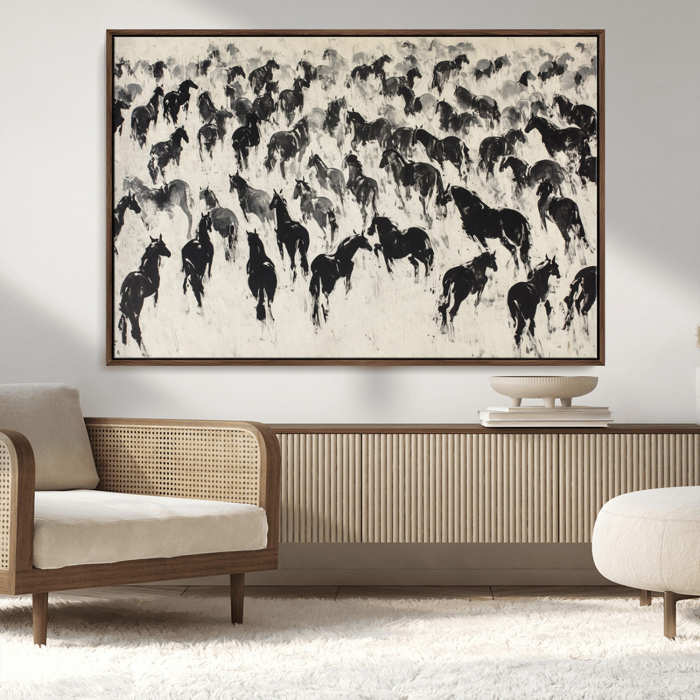 MGV-FC-36X24 - Wild Horse Stampede Wall Art Canvas Print – Monochrome Ink Brush Painting of Running Horses, Perfect