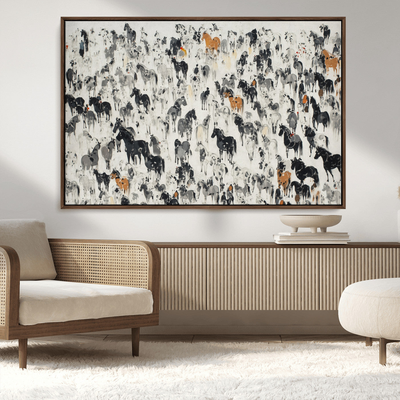 MGV-FC-36X24 - Wild Horse Stampede Wall Art Canvas Print – Monochrome Ink Brush Painting of Running Horses, Perfect
