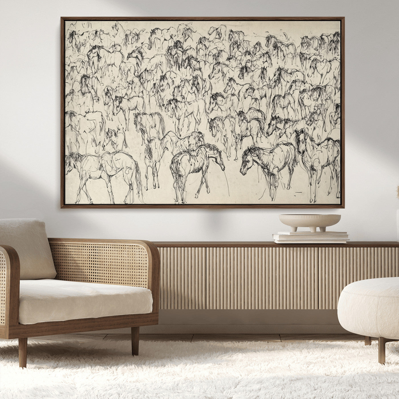 MGV-FC-36X24 - Wild Horse Stampede Wall Art Canvas Print – Monochrome Ink Brush Painting of Running Horses, Perfect