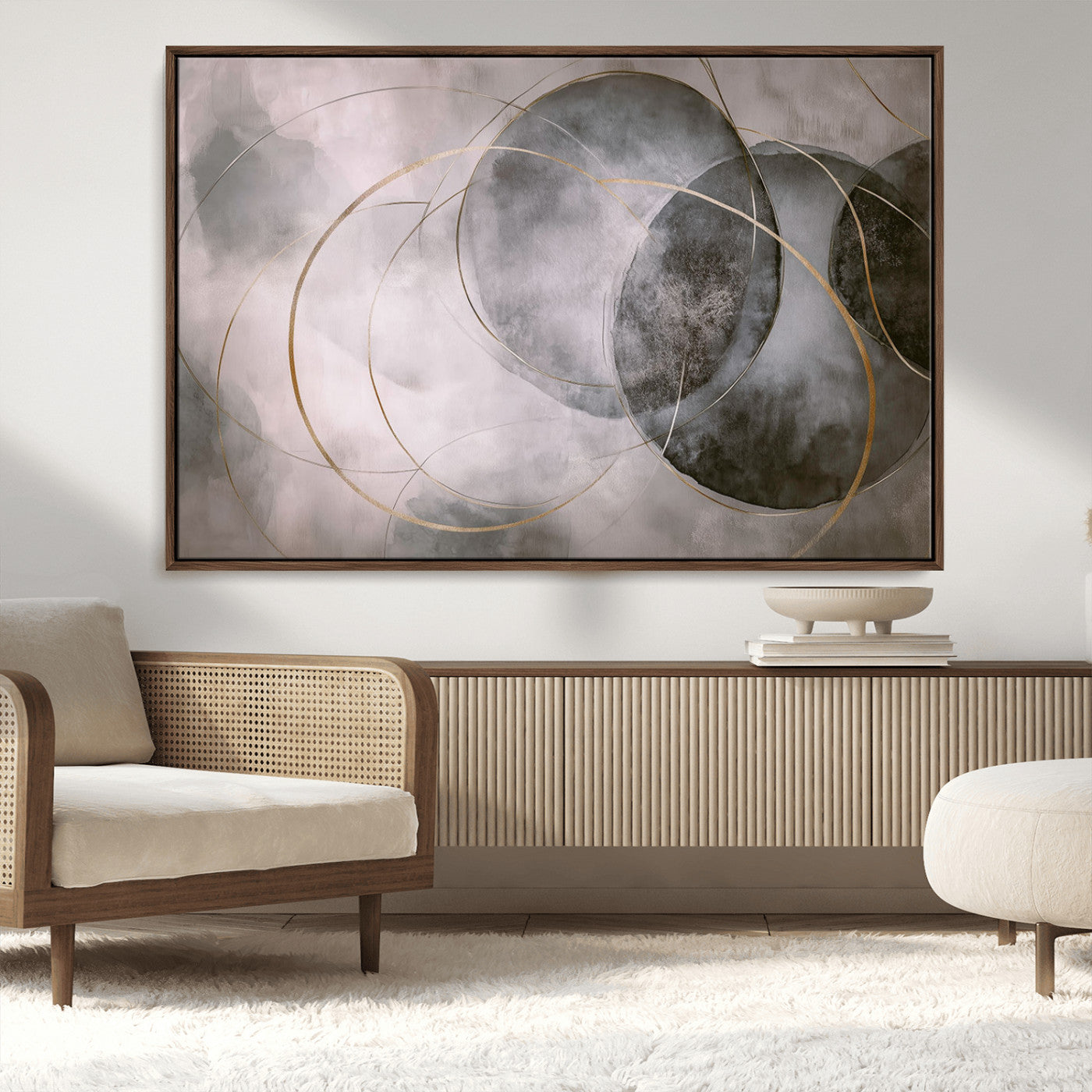 MGV-FC-36X24 - Wall Art Canvas Print Abstract Gray Black Gold Circles Soft Texture Modern Minimalist Artistic Home Decor Contemporary Elegant Stylish Unique