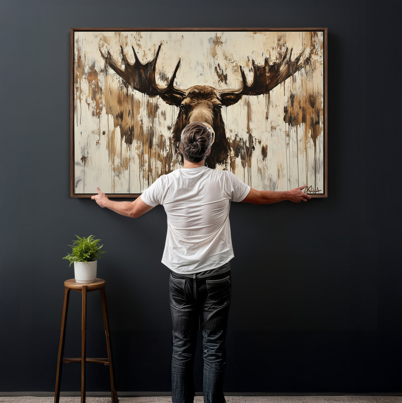 34496536-MGV-CV-36X24 - Powerful Moose Portrait Wall Art – Rich Earthy Tones, Expressive Brushstrokes, Striking Gaze, Raw Nature Vibes Decor for Home or Office