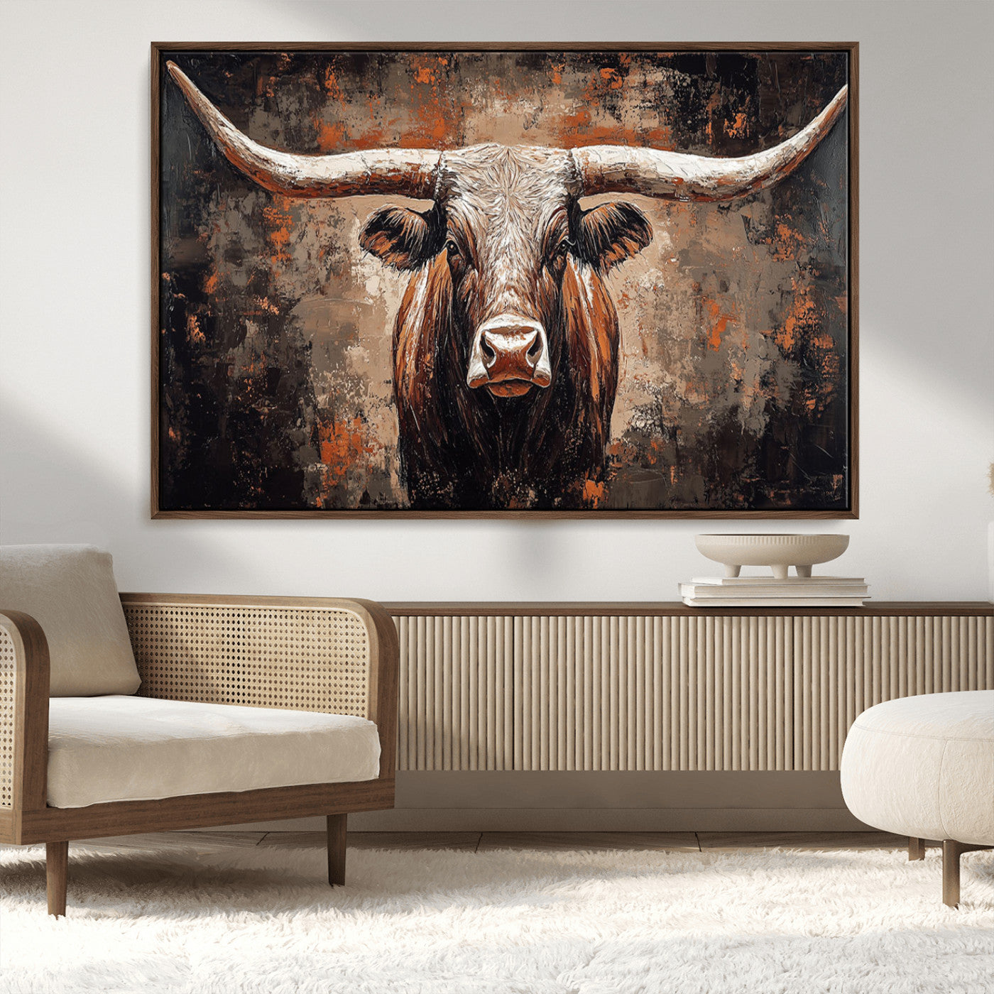 42732393-MGV-CV-36X24-Rustic Longhorn Bull Wall Art Canvas Print – Vintage Western Cattle Painting, Texas Steer Artwork for Ranch, Farmhouse or Cowboy Decor