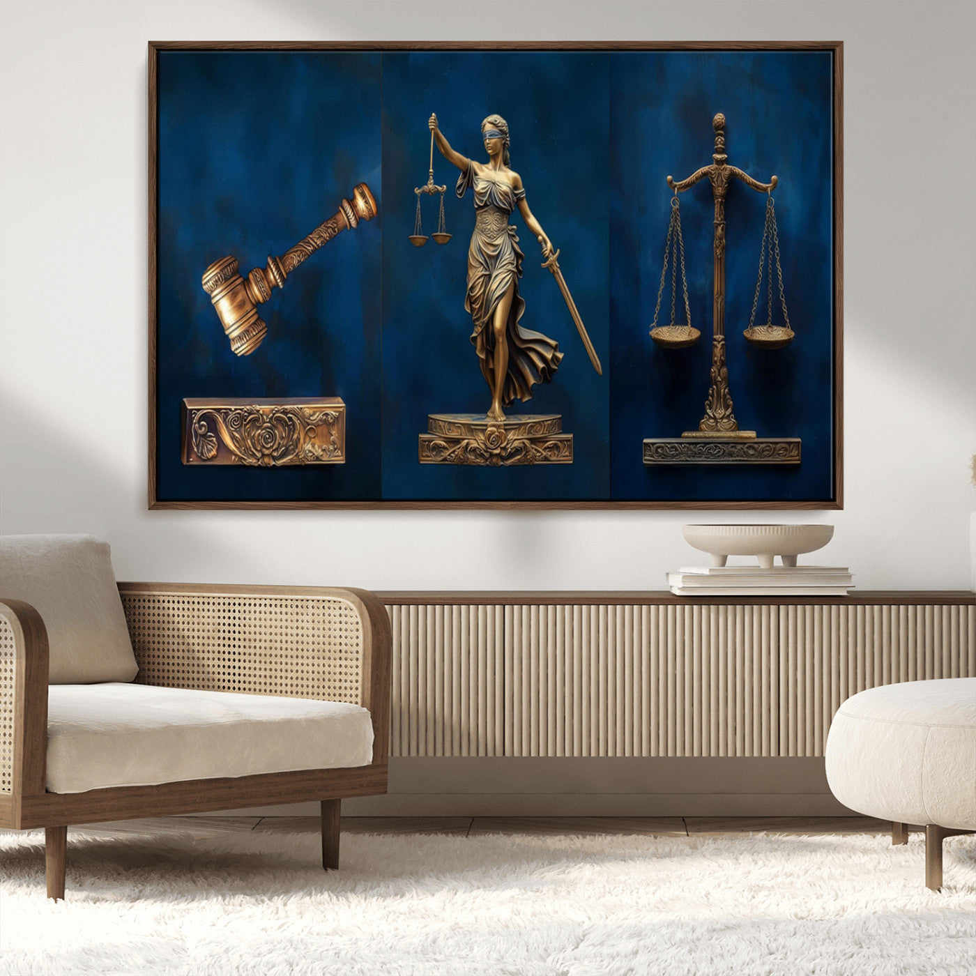 MGV-FC-36X24 - Lady Justice Wall Art Canvas Print – Elegant Gold Legal Symbols on Blue Background, Perfect for Law