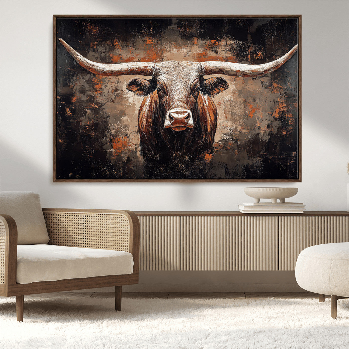 Rustic Longhorn Bull Wall Art Canvas Print – Vintage Western Cattle Painting, Texas Steer Artwork for Ranch, Farmhouse or Cowboy Decor