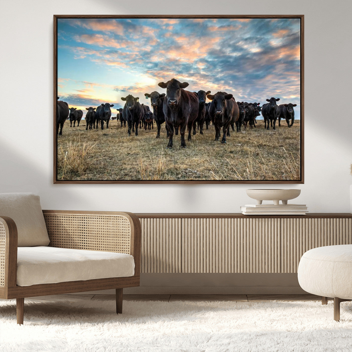 13867292-MGV-CV-36X24-Texas Longhorn Cattle Wall Art Canvas Print – Rustic Western Ranch Scene with Steers at Sunset, Perfect for Farmhouse or Cowboy Decor